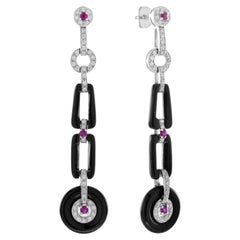 Ruby Onyx Diamond Art Deco Style Dangle Earrings in 14K White Gold