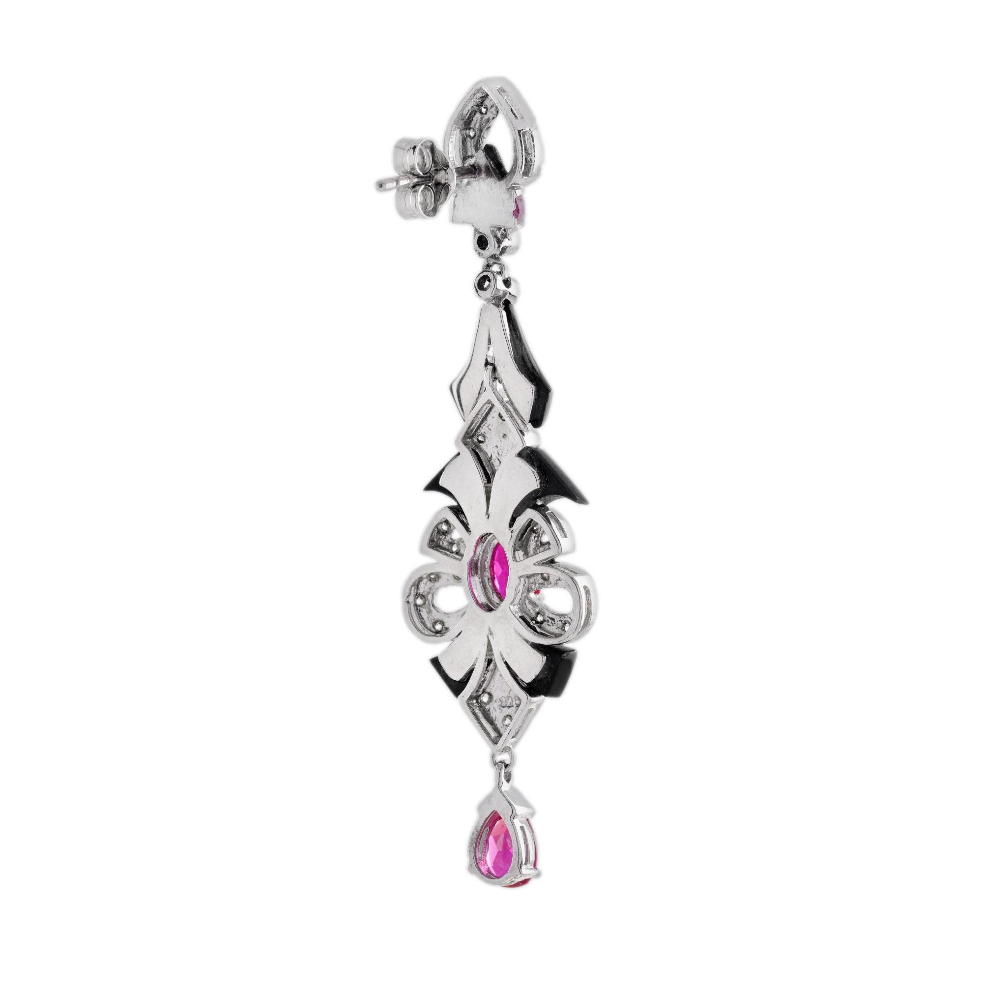 Taglio ovale Orecchini a goccia in stile Art Deco con diamante e onice rubino in oro bianco 18 carati in vendita