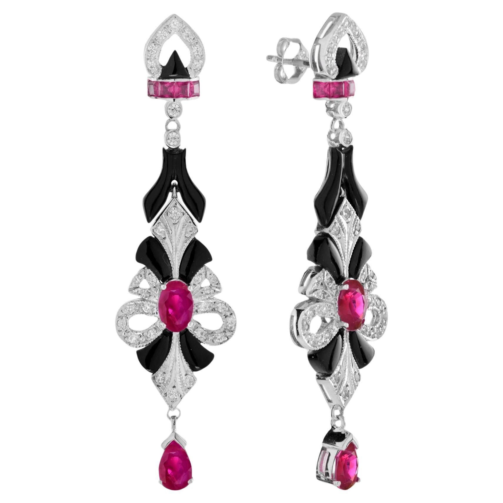 Ruby Onyx Diamond Art Deco Style Drop Earrings in 18K White Gold For Sale