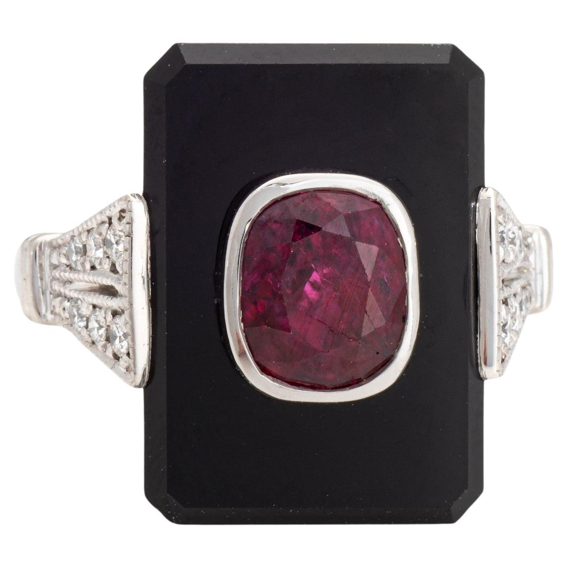 Ruby Onyx Anillo de Diamantes Sz 4.5 Platino Estate Cocktail Ring Fine Jewelry