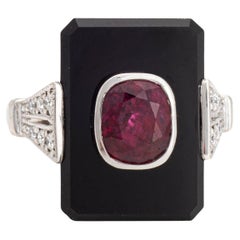 Ruby Onyx Anillo de Diamantes Sz 4.5 Platino Estate Cocktail Ring Fine Jewelry