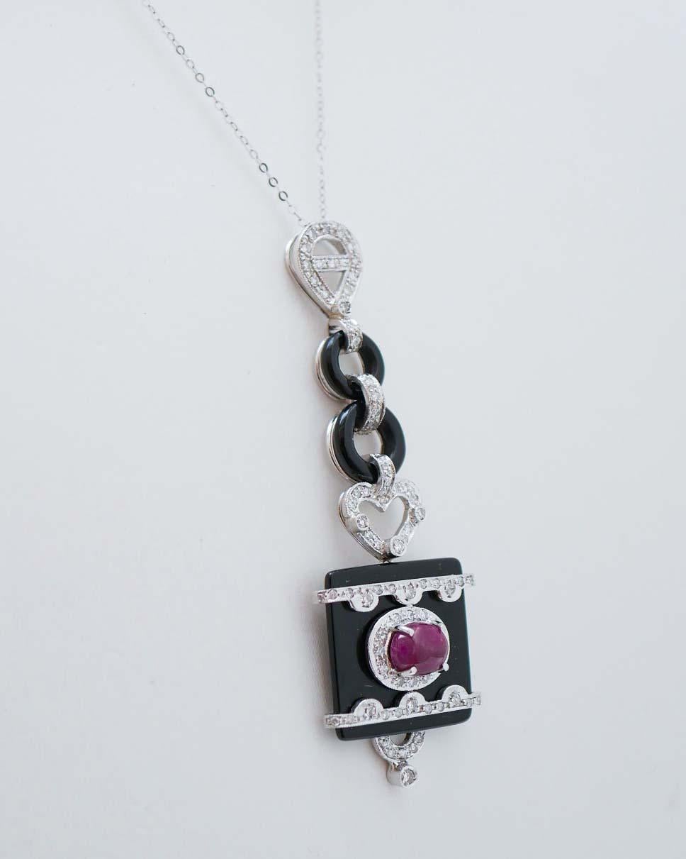 Retro Ruby, Onyx, Diamonds, Platinum and White Gold Pendant Necklace. For Sale