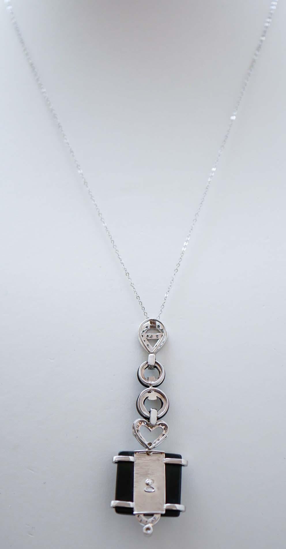 Mixed Cut Ruby, Onyx, Diamonds, Platinum and White Gold Pendant Necklace. For Sale
