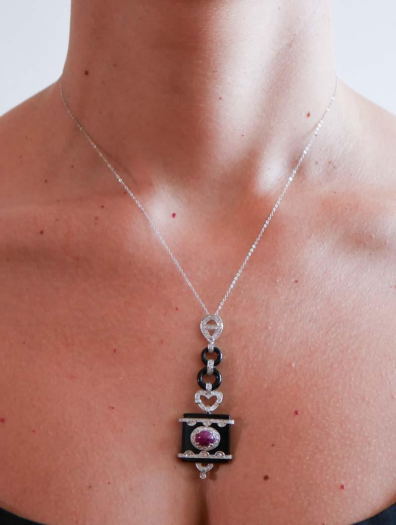 Women's Ruby, Onyx, Diamonds, Platinum and White Gold Pendant Necklace. For Sale