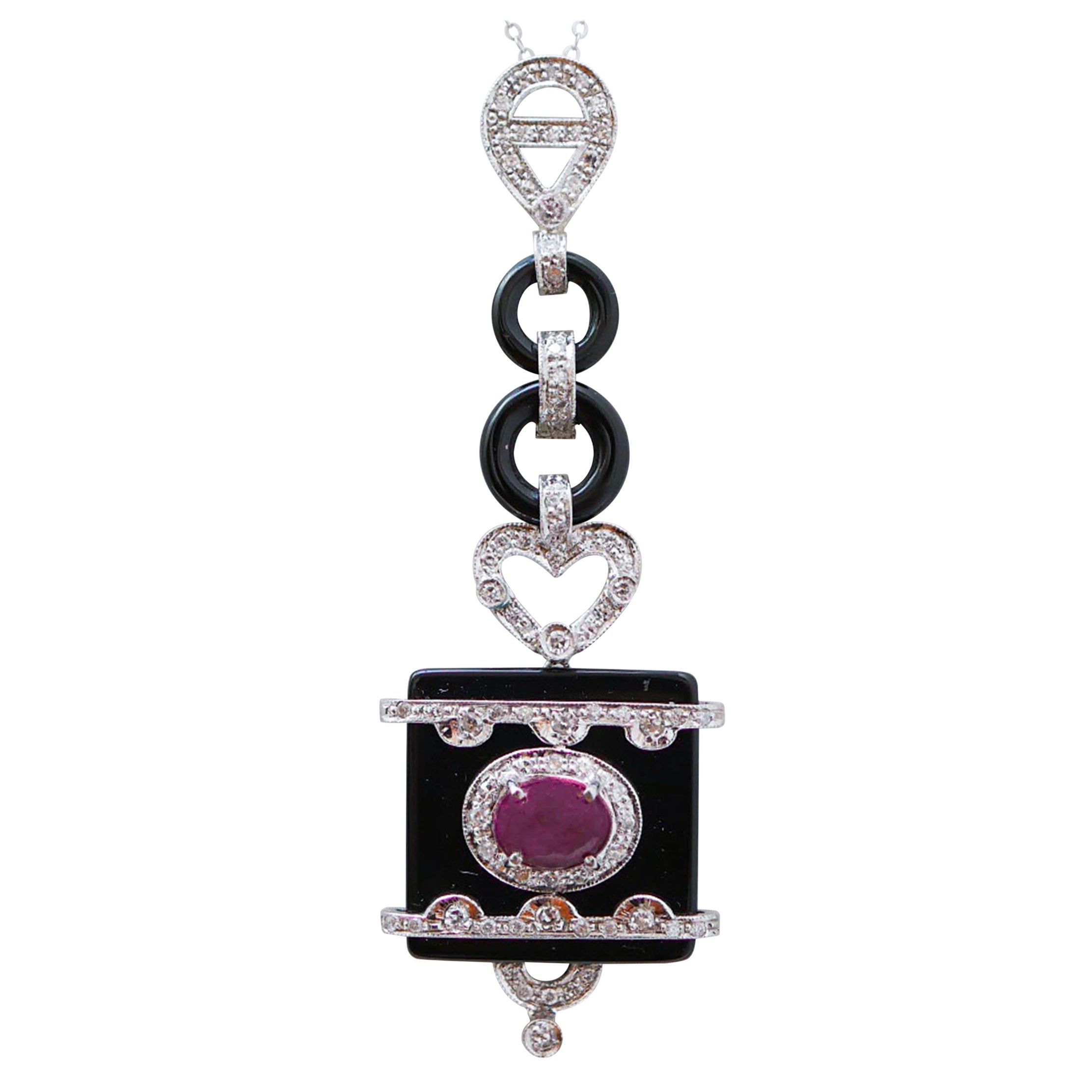Ruby, Onyx, Diamonds, Platinum and White Gold Pendant Necklace. For Sale