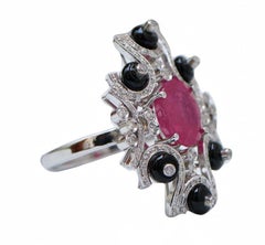 Ruby, Onyx, Diamonds, Platinum Ring.