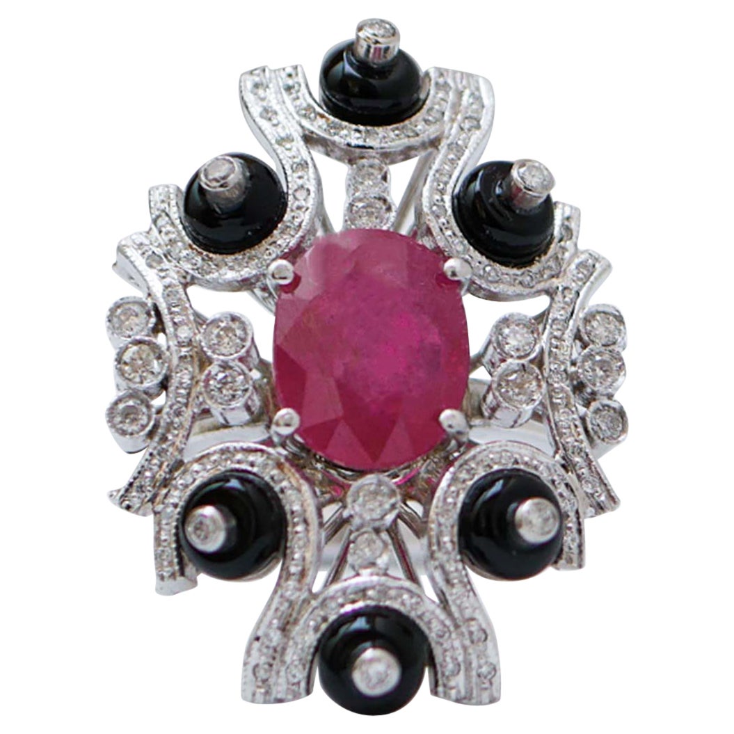 Ruby, Onyx, Diamonds, Platinum Ring. For Sale