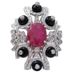 Ruby, Onyx, Diamonds, Platinum Ring.