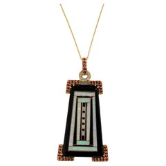 Ruby, Onyx, White Diamond and Opal Pendant Necklace in 18k Yellow Gold