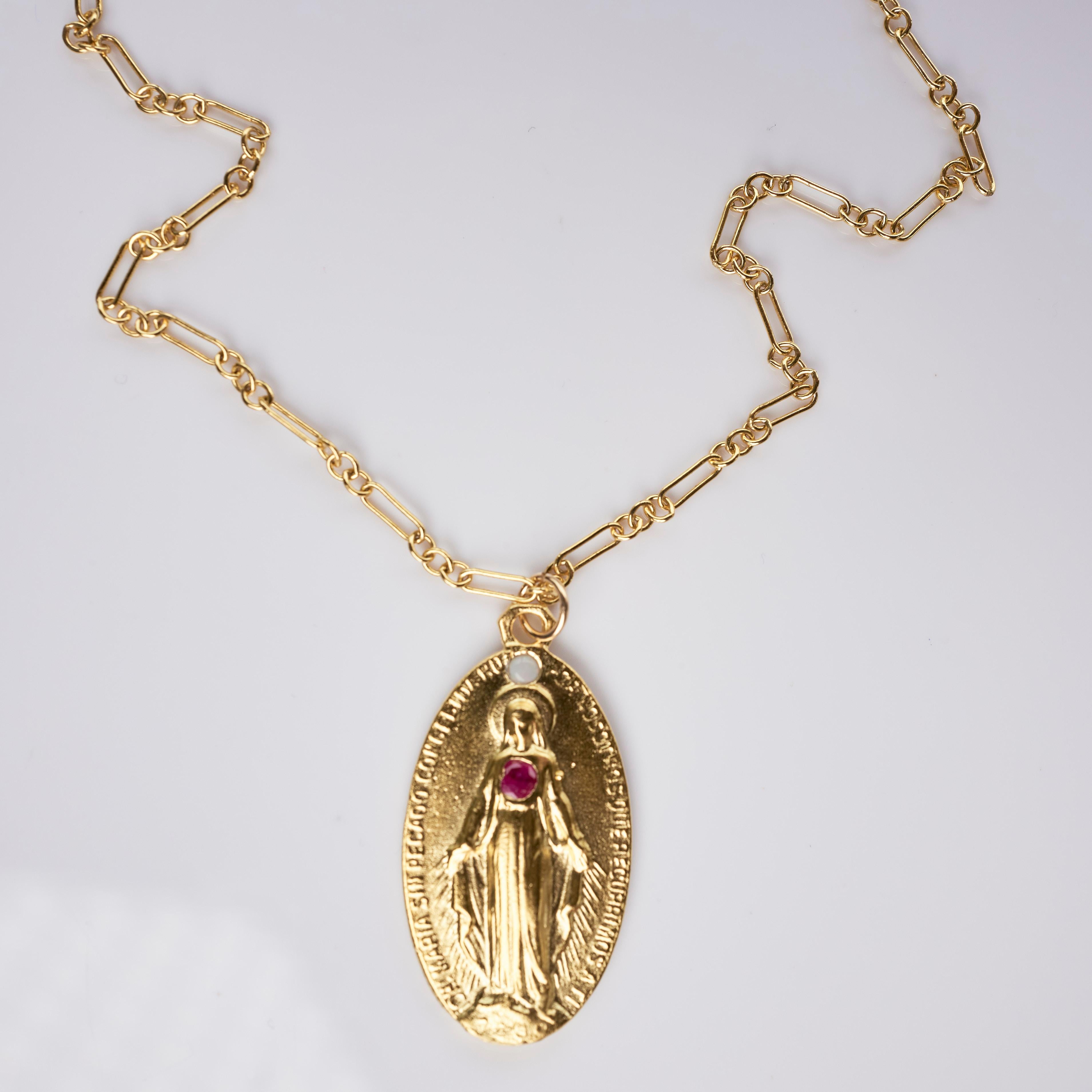 Contemporary Ruby Opal Medal Virgin Mary Chain Necklace J Dauphin For Sale