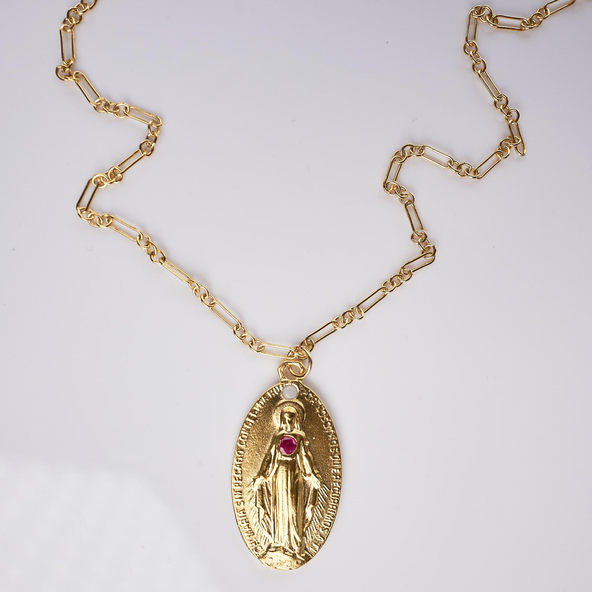 Round Cut Ruby Opal Medal Virgin Mary Chain Necklace J Dauphin For Sale