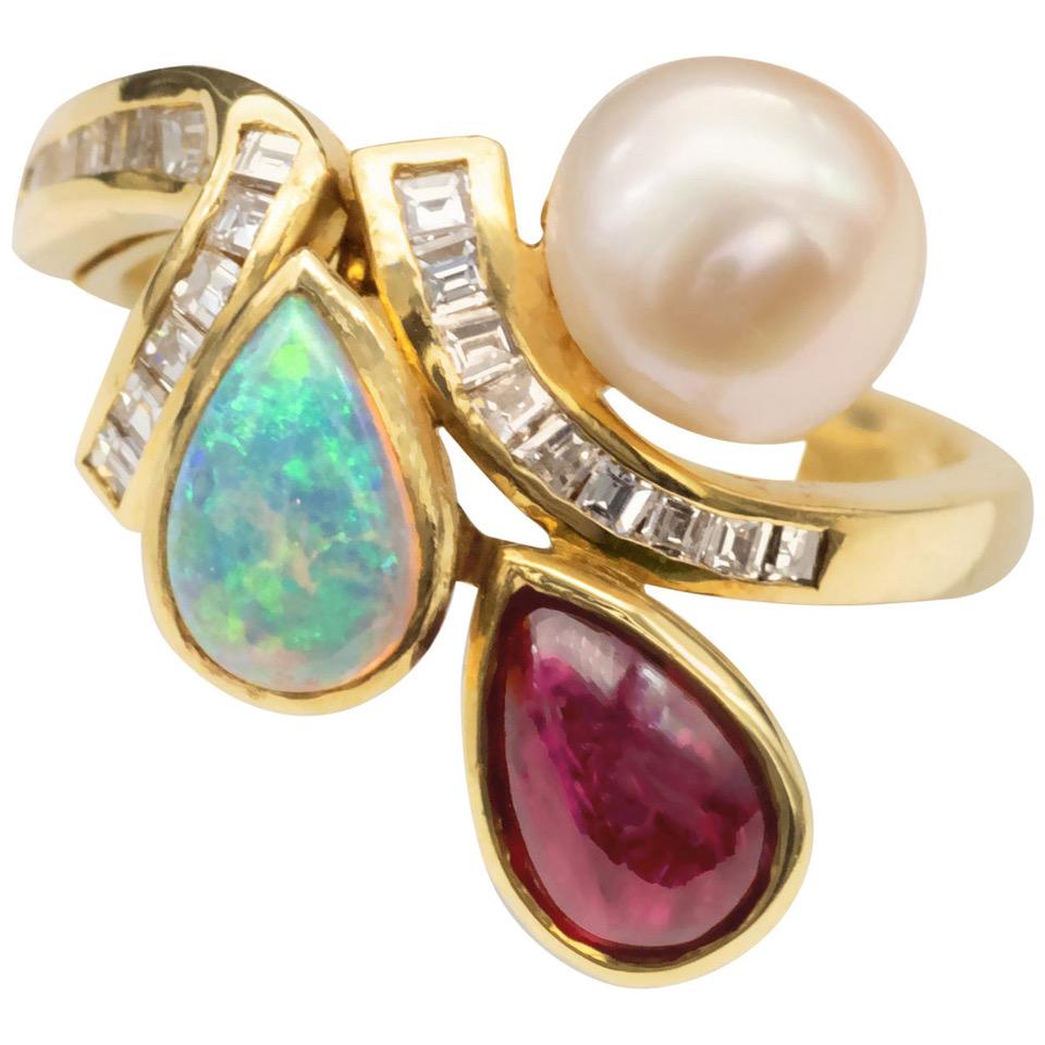 Ruby Opal Pearl and Diamonds 18 Karat Gold Ring