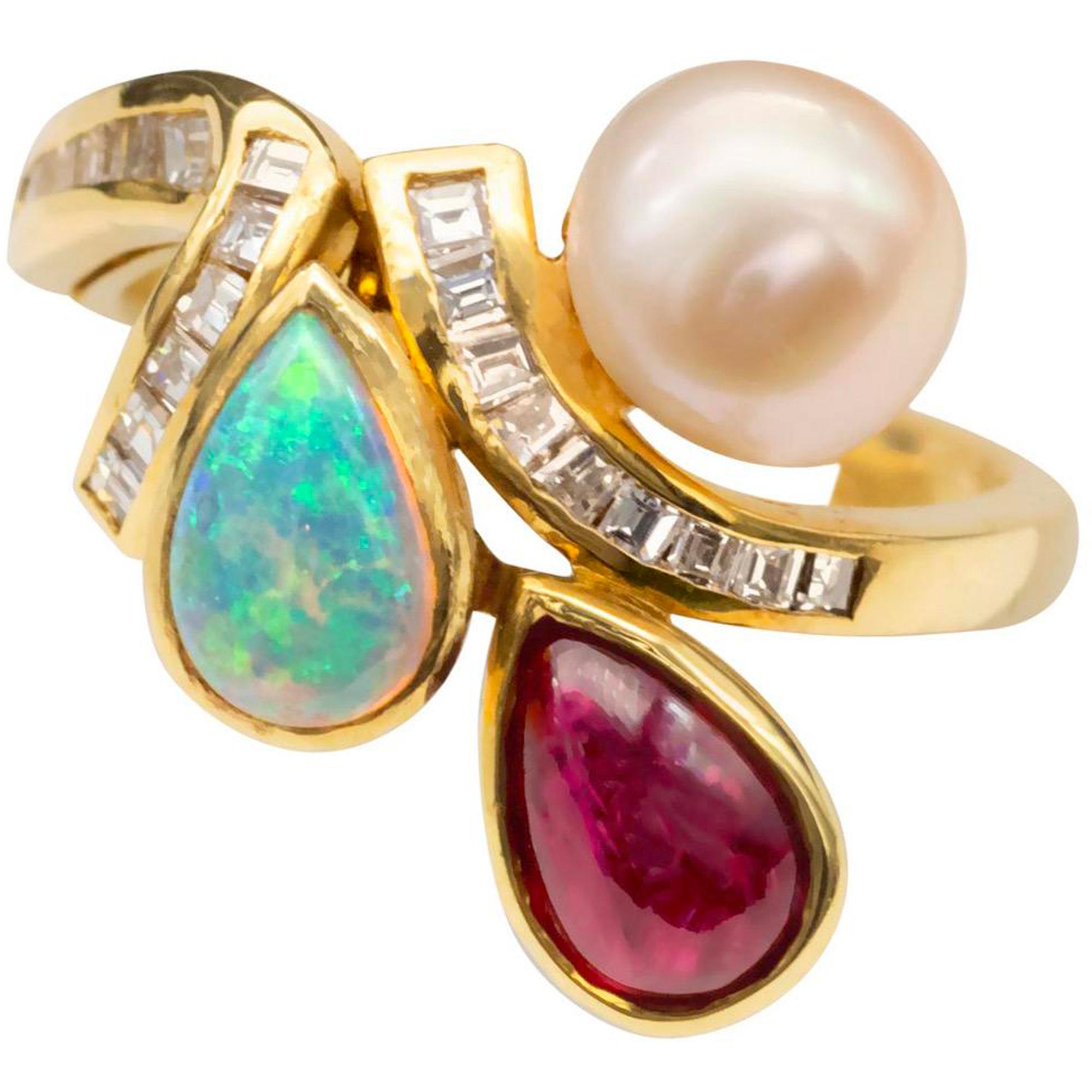 Opal Ruby Pearl Diamond 18k Gold Asymmetrical Cocktail Ring