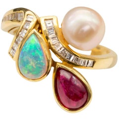 Ruby Opal Pearl and Diamonds 18 Karat Gold Ring