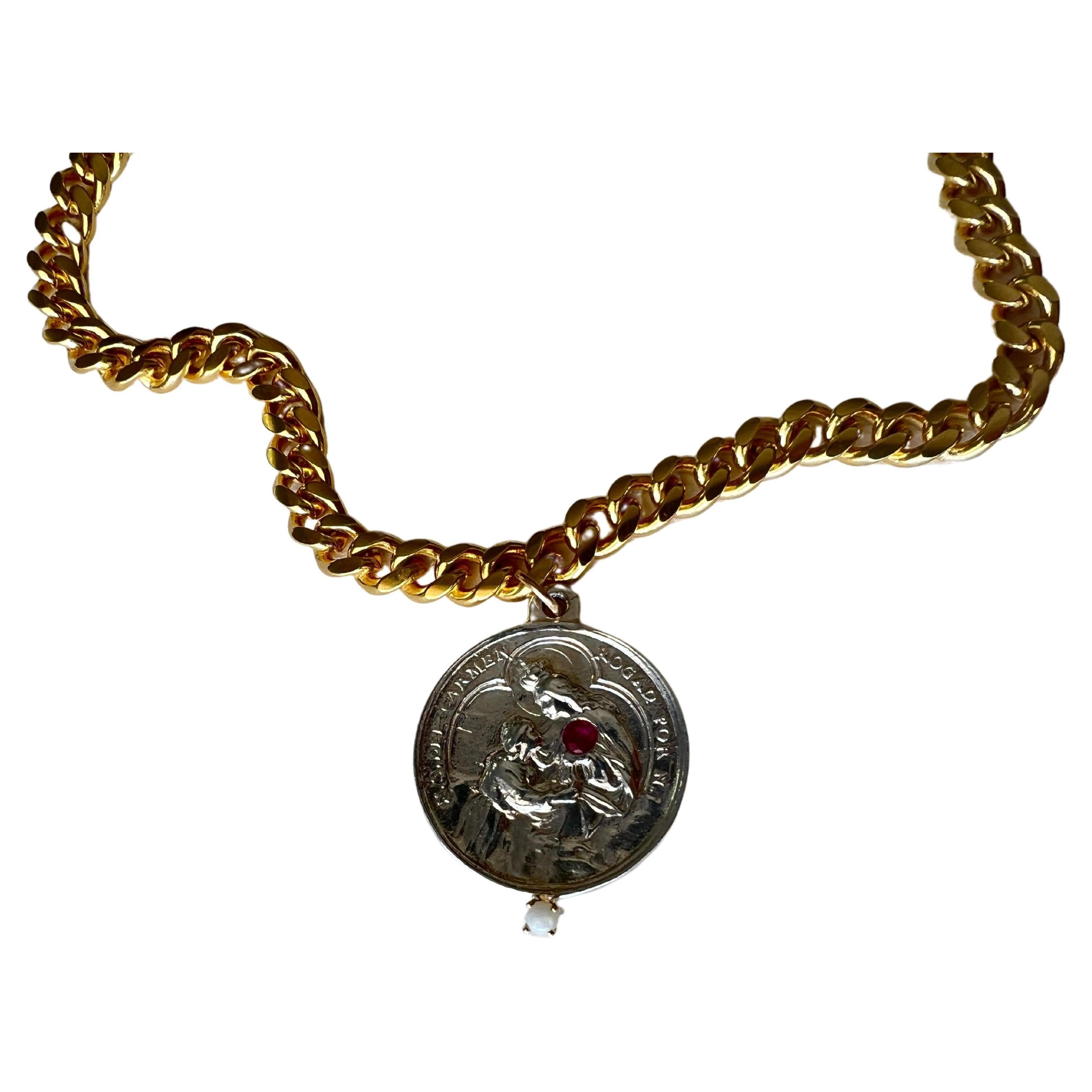 Médaille en argent Rubis Opale Vierge du Carmen Chaine Tour de cou  Collier 18