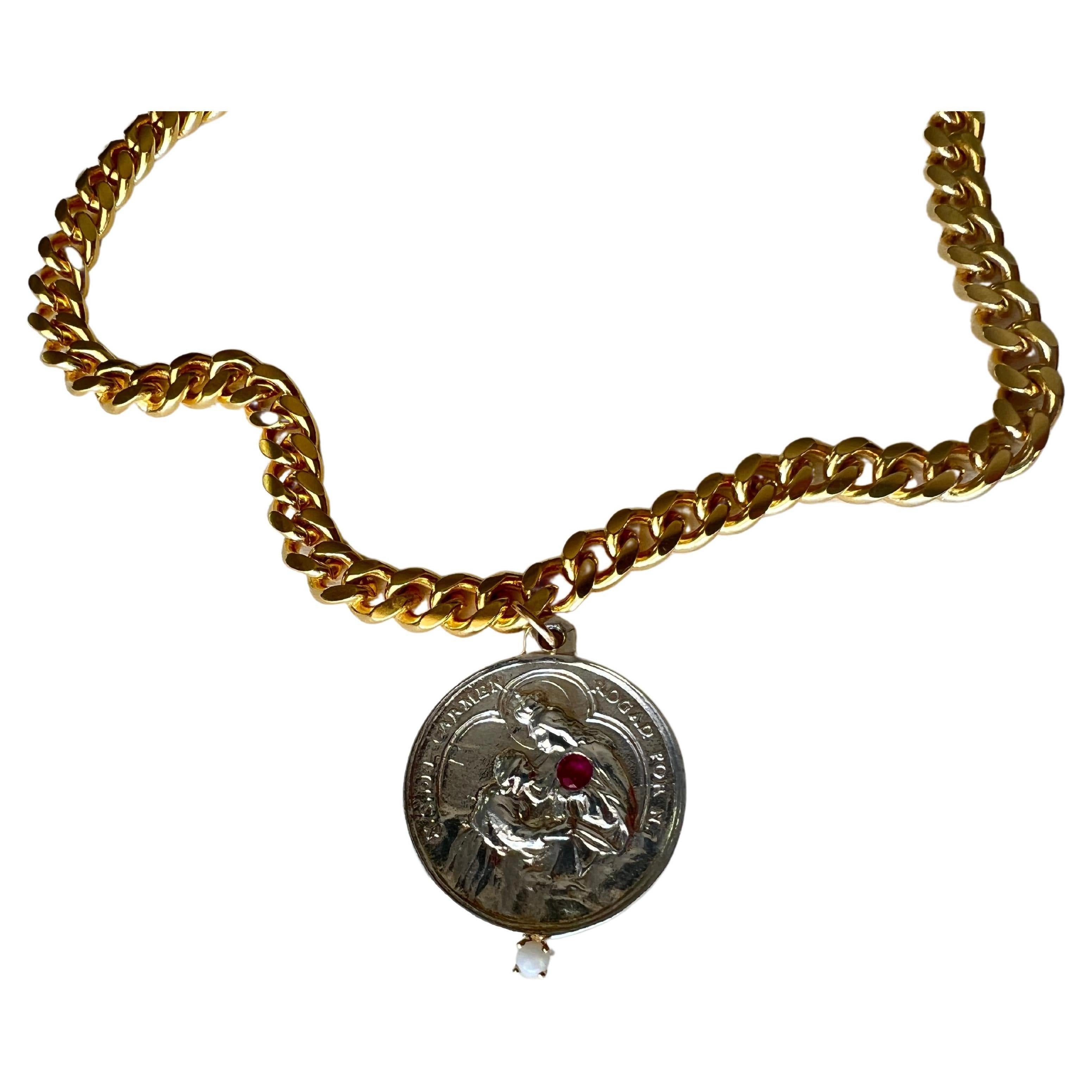 Chaîne collier ras du cou J Dauphin avec médaille en argent, opale et rubis Virgin del Carmen