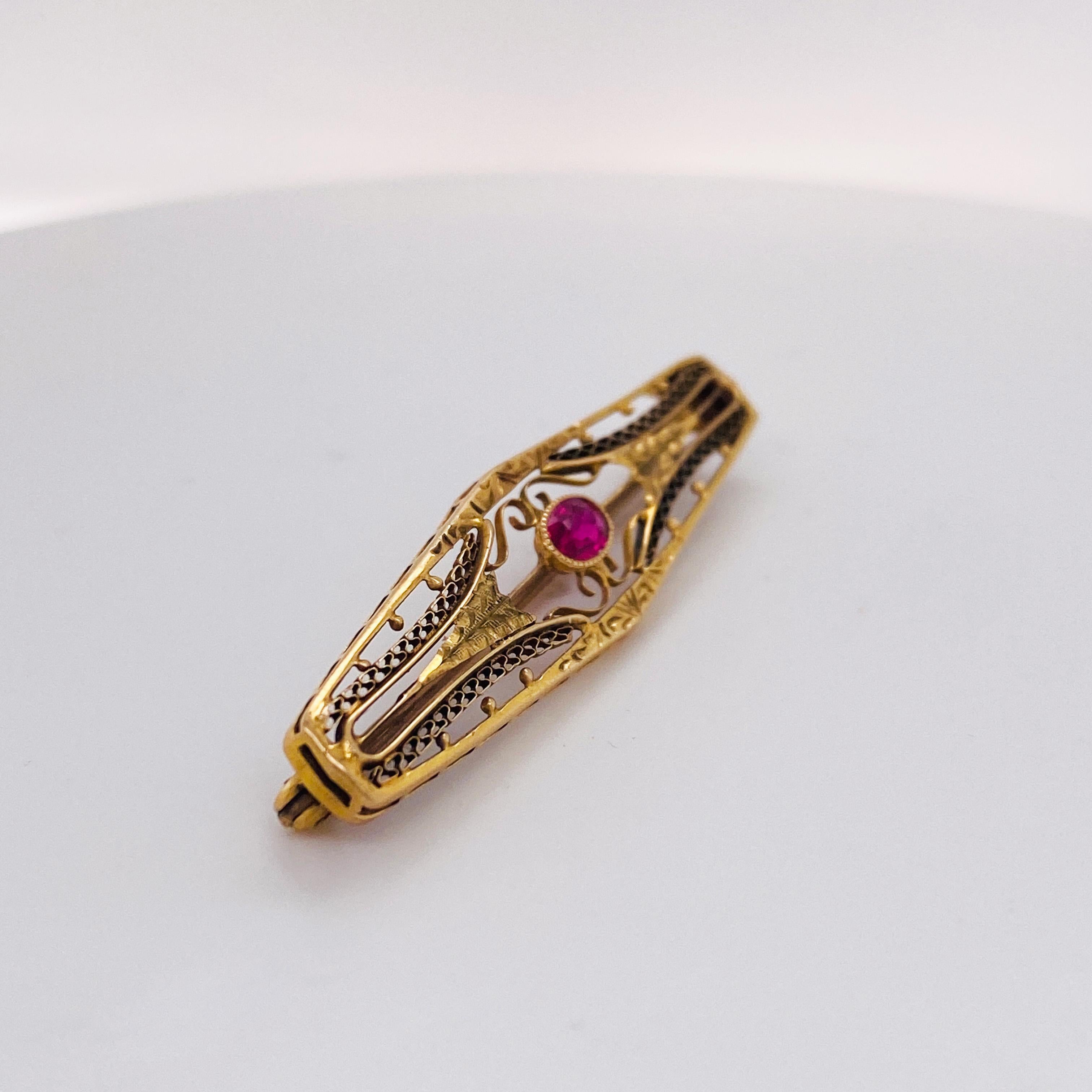 Artisan Ruby Open Wirework Diamond-Cut Brooch, .40 Carats in 14K Yellow Gold LV For Sale