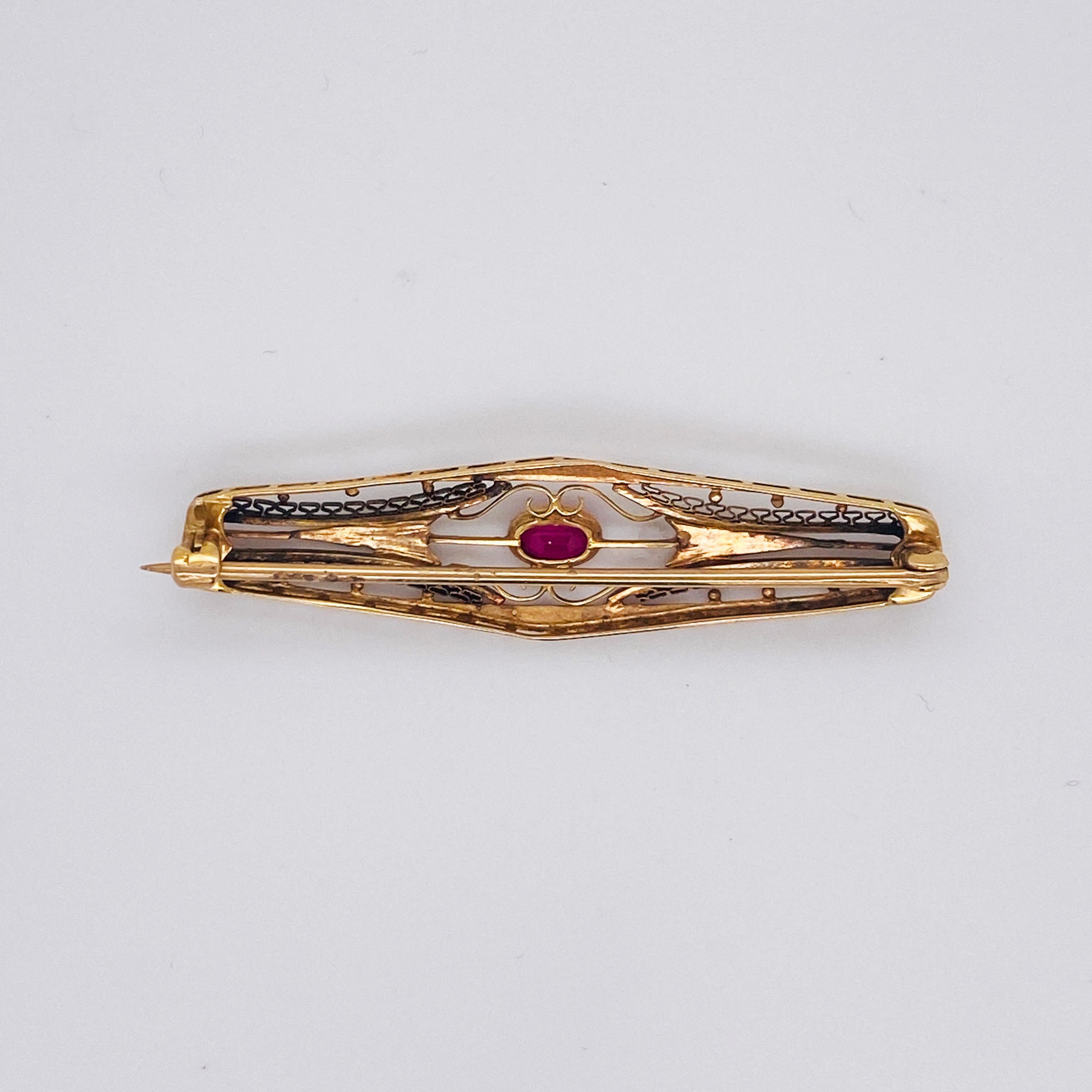 Artisan Ruby Open Wirework Diamond-Cut Brooch, .40 Carats in 14K Yellow Gold LV For Sale