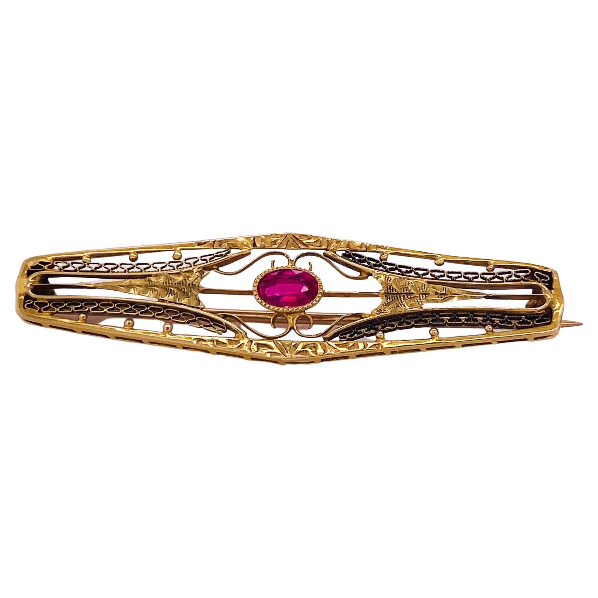 Ruby Open Wirework Diamond-Cut Brooch, .40 Carats in 14K Yellow Gold LV For Sale