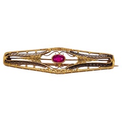 Antique Ruby Open Wirework Diamond-Cut Brooch, .40 Carats in 14K Yellow Gold LV