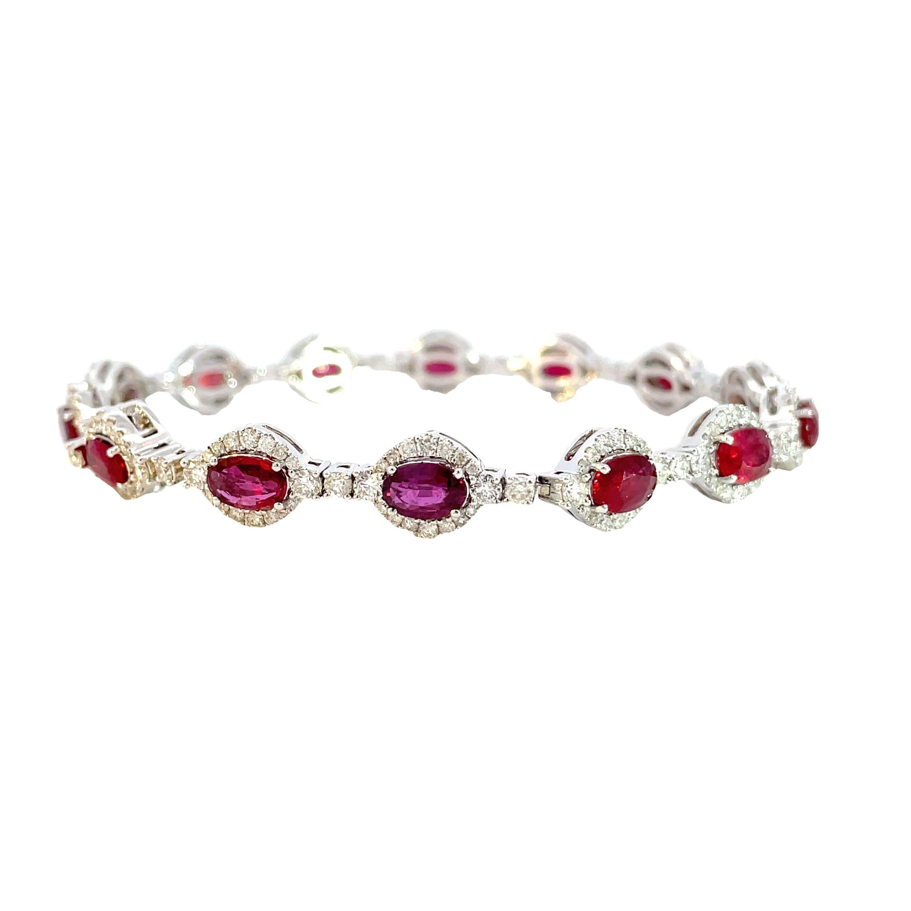 Oval Cut Ruby Oval 8.53 CT White Diamond Round 2.90 CT 14KW Bracelet  For Sale