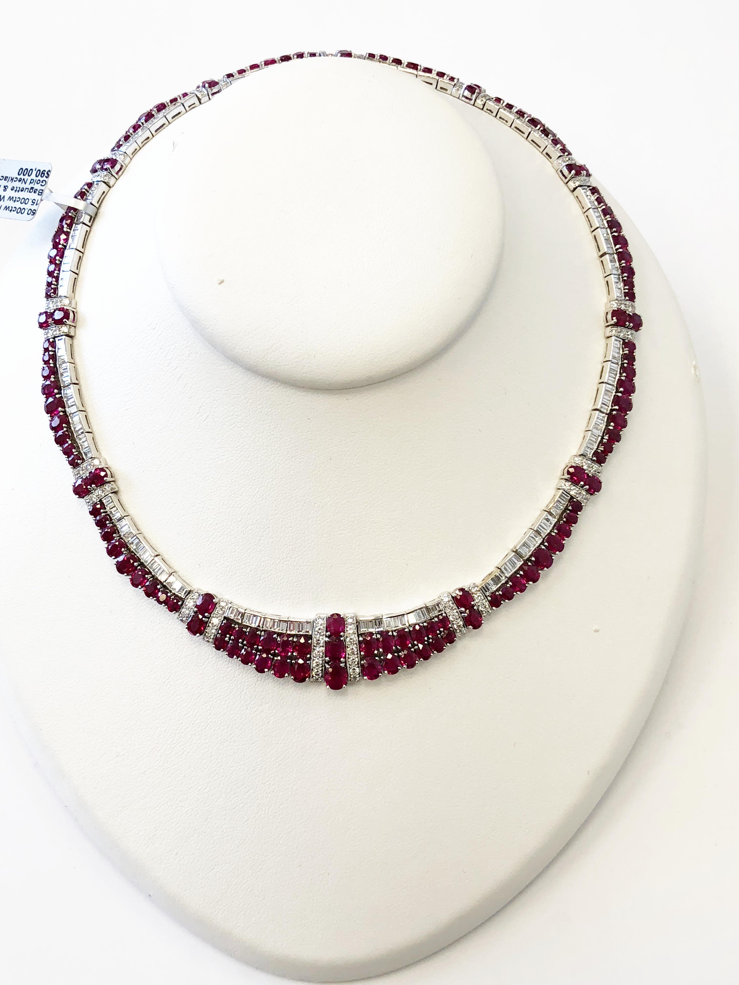 Oval Cut Ruby Oval and Diamond Baguette and Round Necklace in 18 Karat White Gold