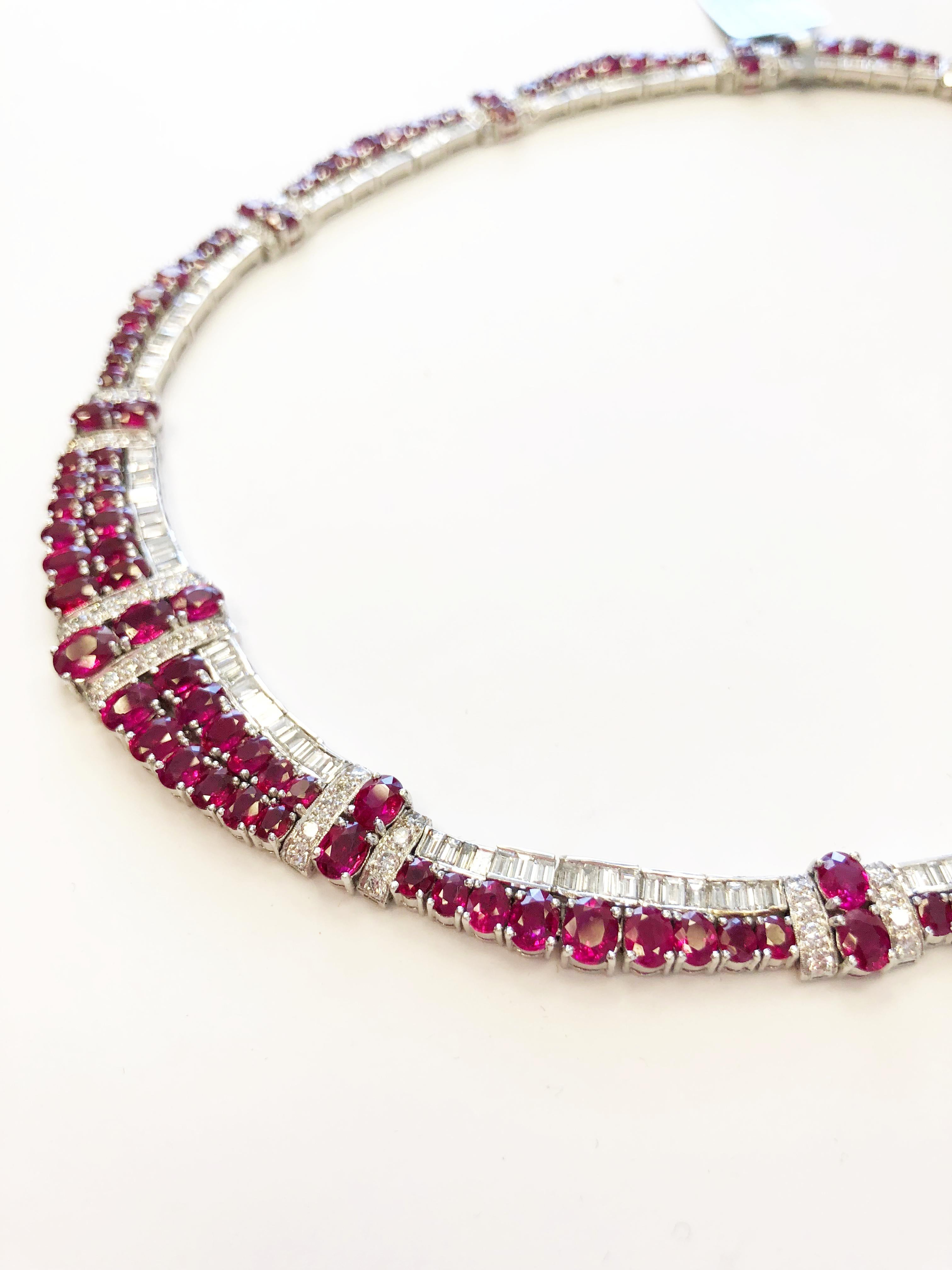 Ruby Oval and Diamond Baguette and Round Necklace in 18 Karat White Gold In New Condition In Los Angeles, CA