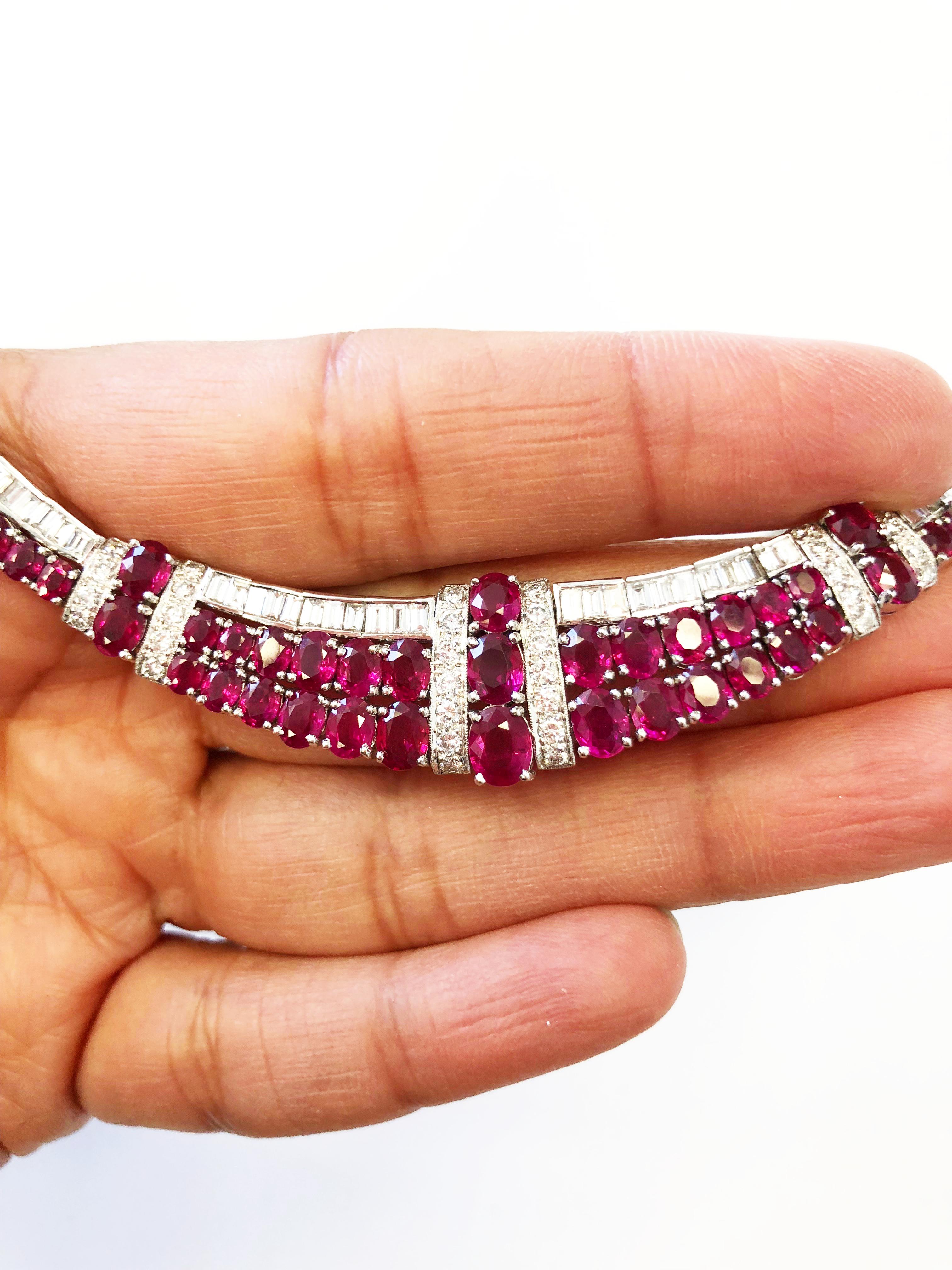 Women's or Men's Ruby Oval and Diamond Baguette and Round Necklace in 18 Karat White Gold
