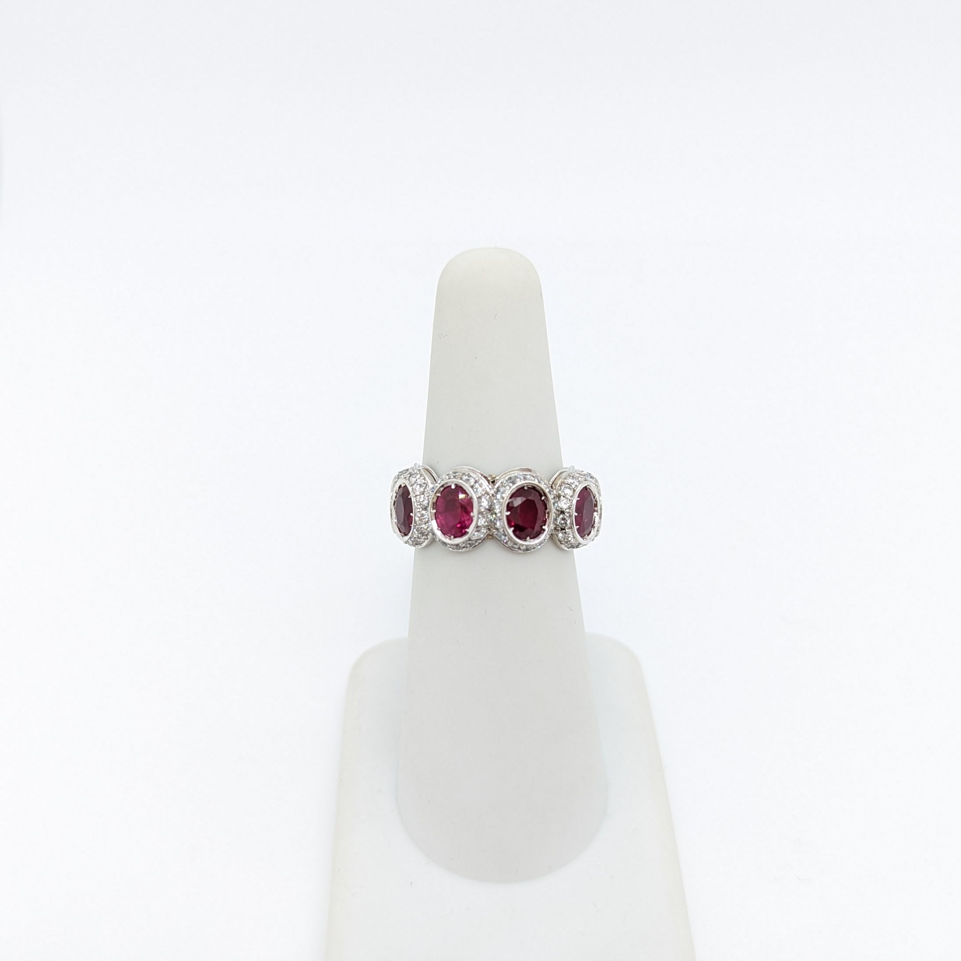 Oval Cut Ruby Oval and White Diamond Band Ring in 18K White Gold For Sale