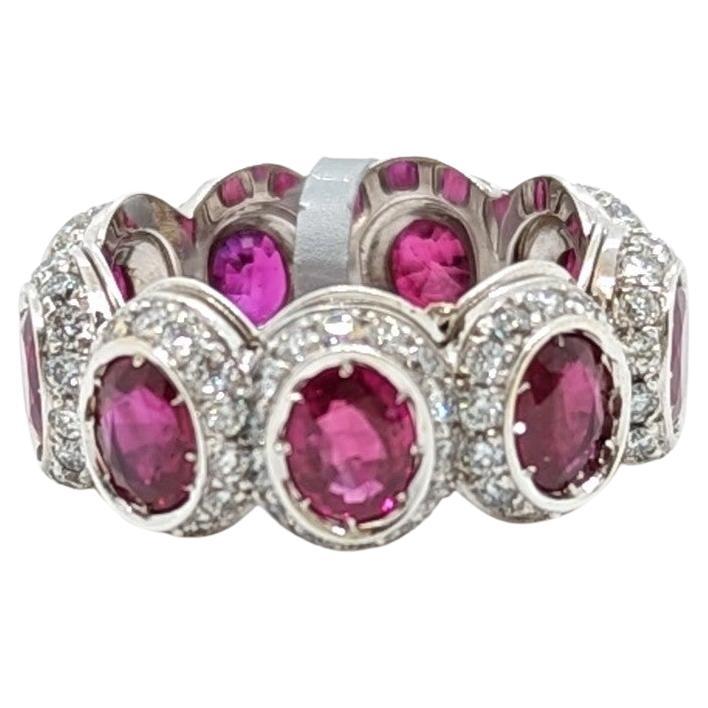 Ruby Oval and White Diamond Band Ring in 18K White Gold For Sale