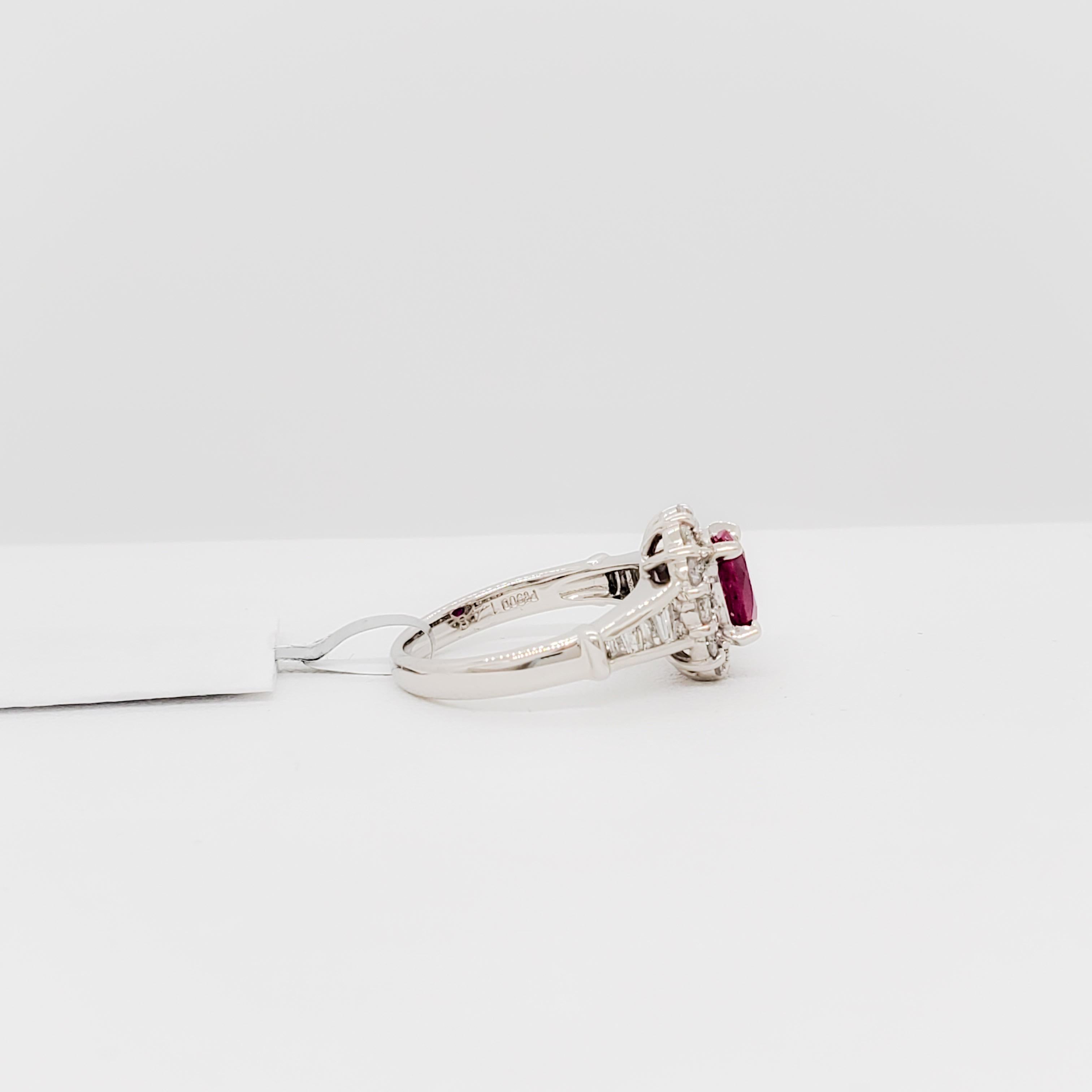 Women's or Men's Ruby Oval and White Diamond Cocktail Ring in Platinum For Sale