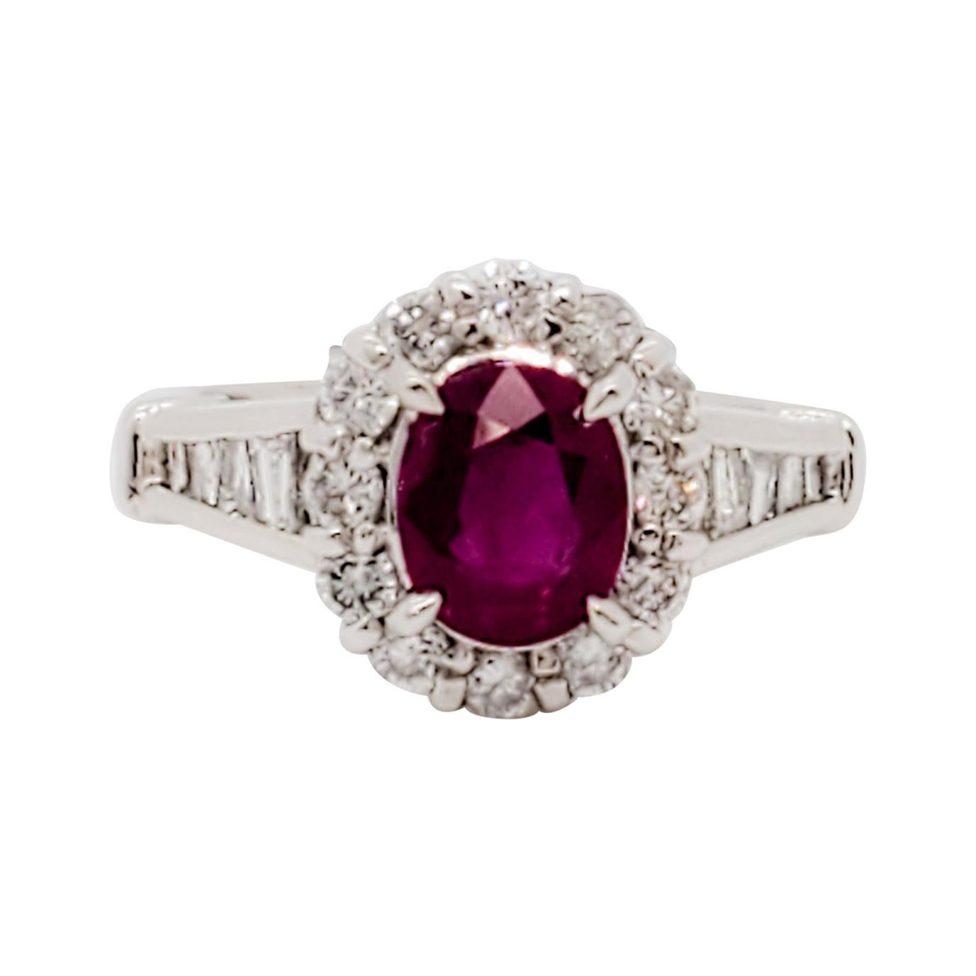 Ruby Oval and White Diamond Cocktail Ring in Platinum For Sale