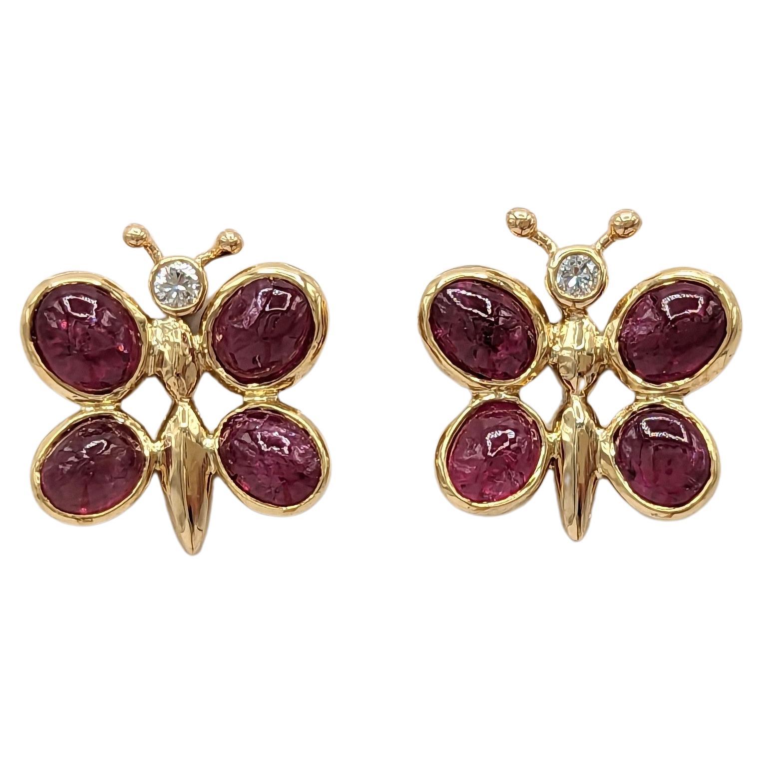 Ruby Oval Cabochon and White Diamond Earrings in 18K Yellow Gold