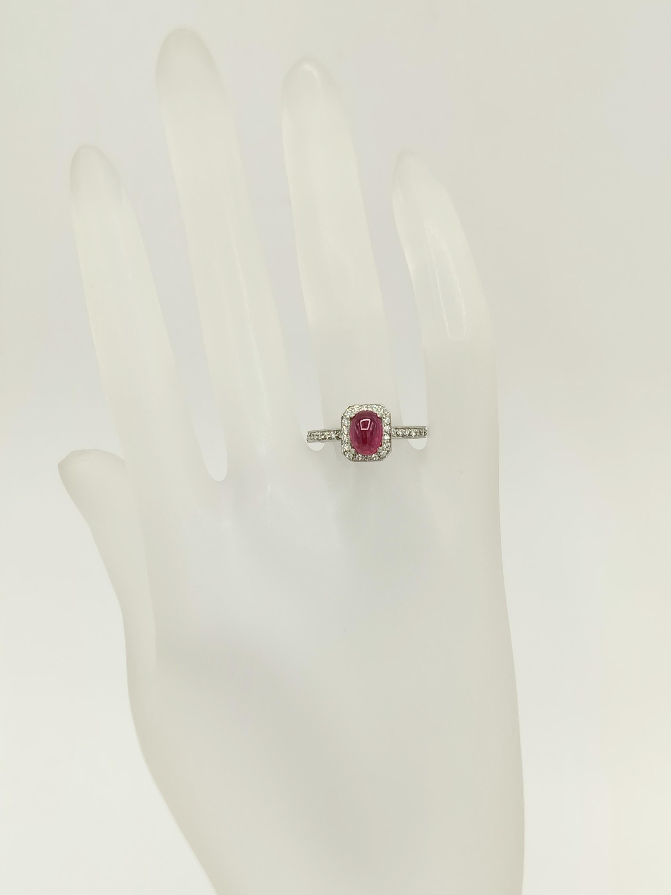 Oval Cut Ruby Oval Cabochon and White Diamond Ring in Platinum For Sale