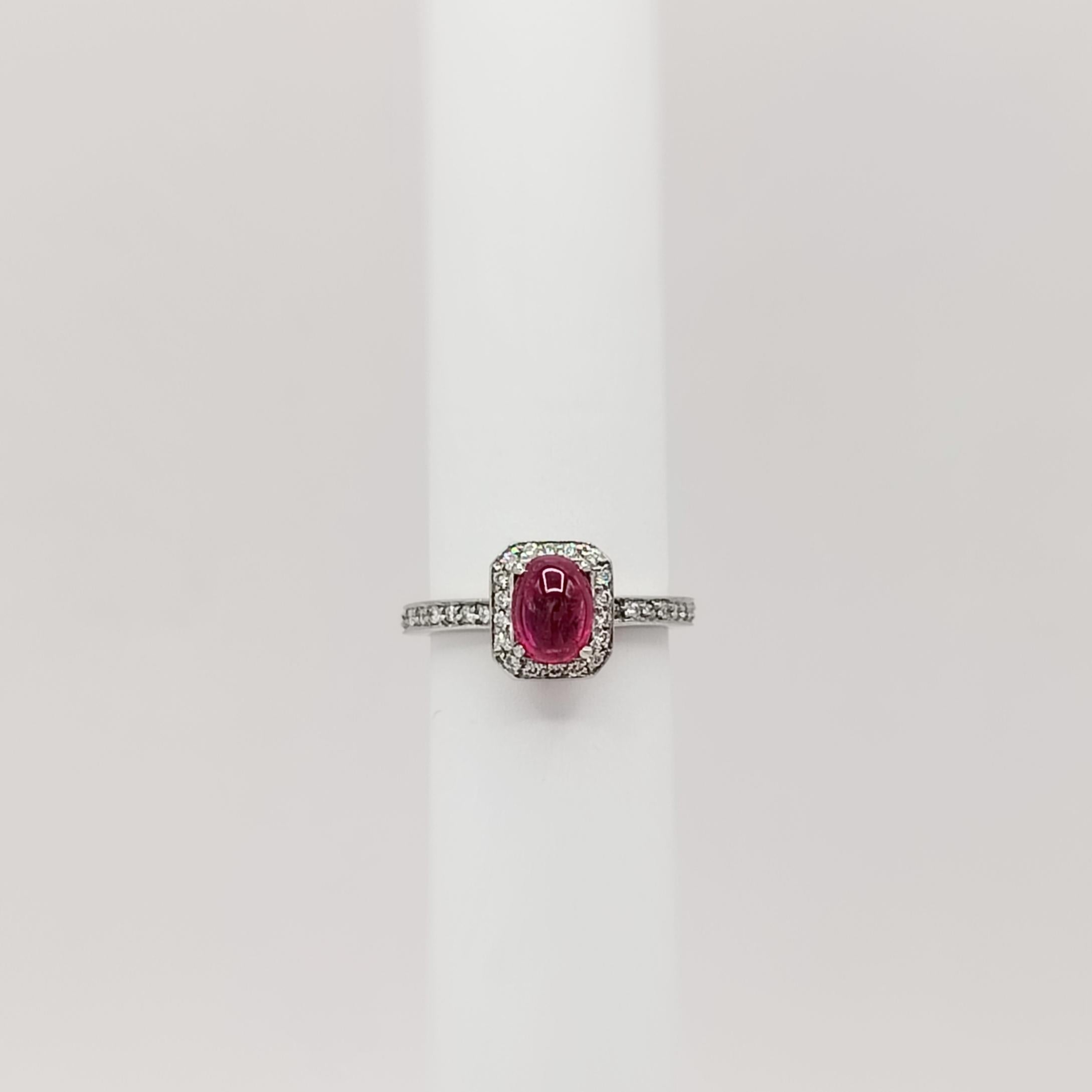 Ruby Oval Cabochon and White Diamond Ring in Platinum For Sale 2