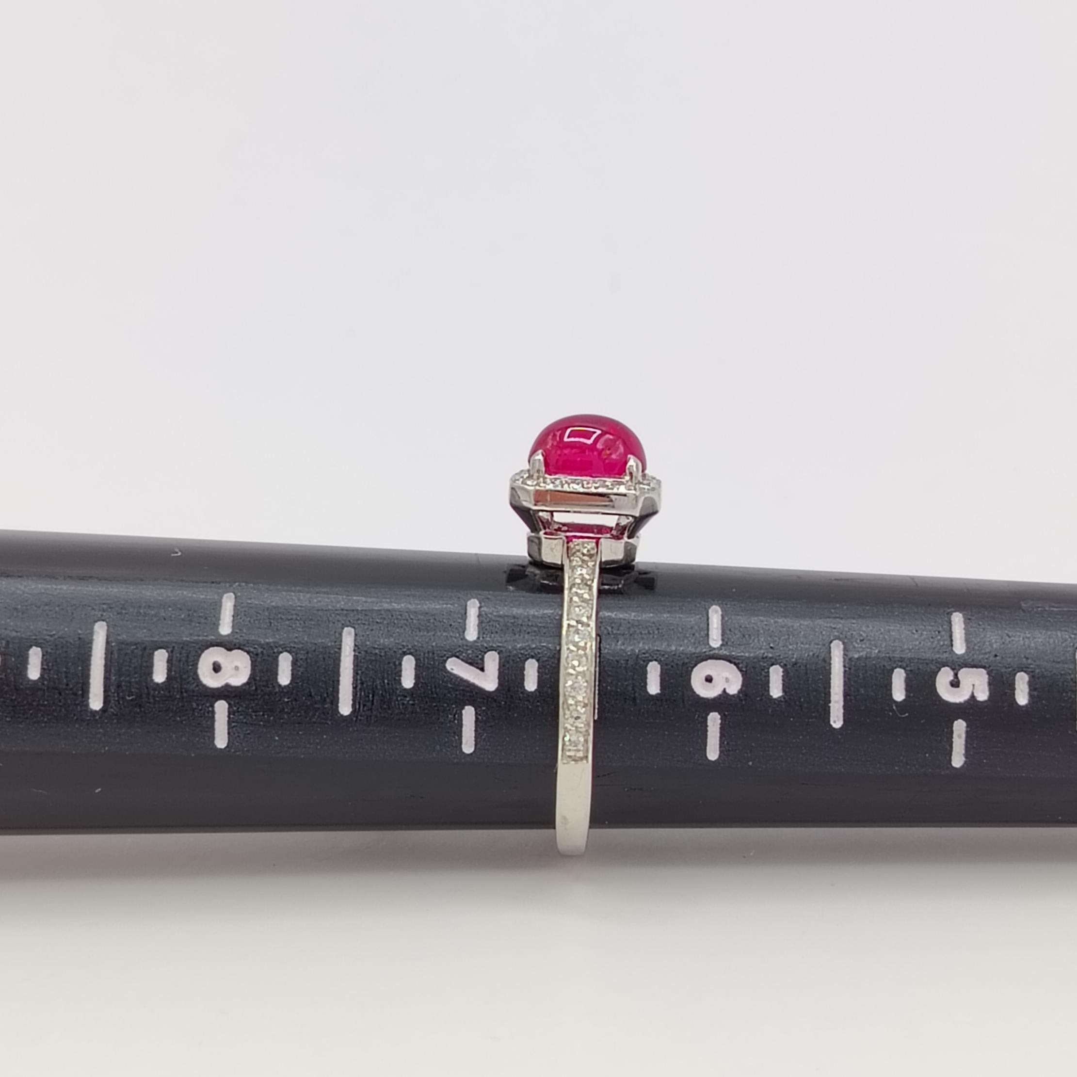 Ruby Oval Cabochon and White Diamond Ring in Platinum For Sale 3