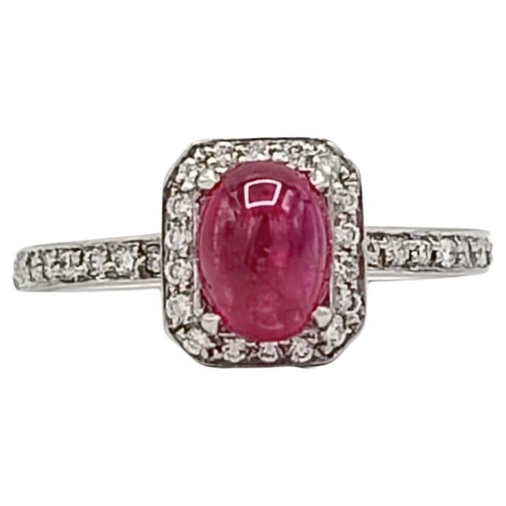 Ruby Oval Cabochon and White Diamond Ring in Platinum For Sale