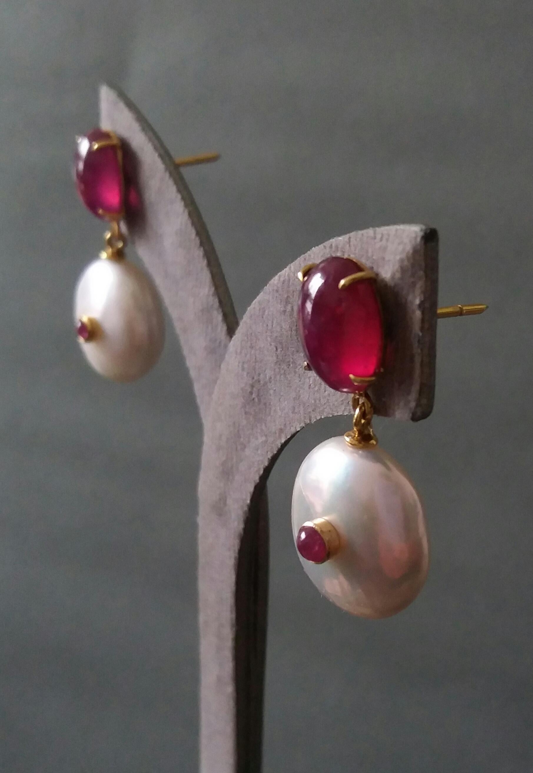 Ruby Oval Cabs 14 Kt Yellow Gold White Button Shape Baroque Pearls Earrings 1