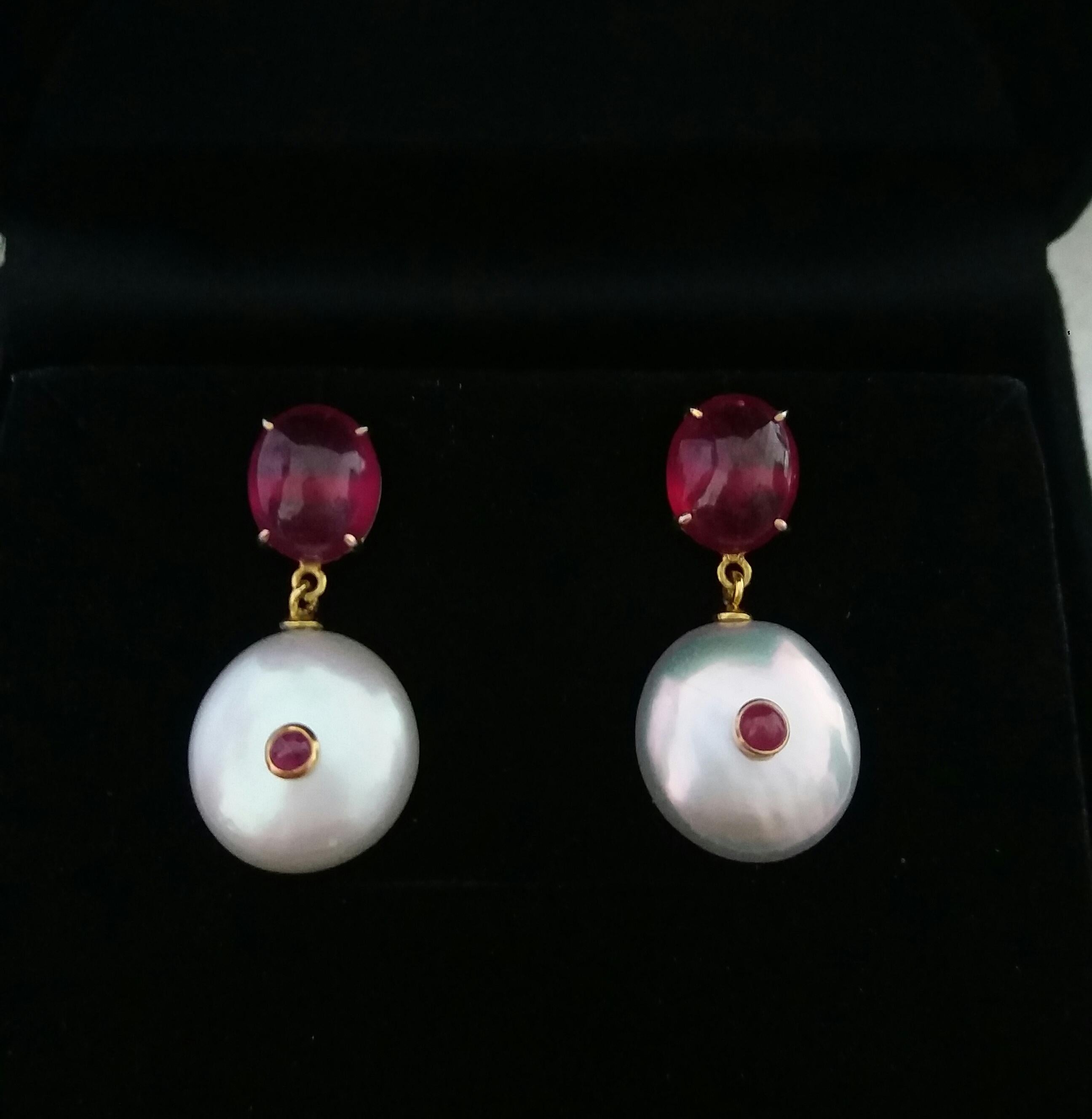 Oval Cut Ruby Oval Cabs 14 Kt Yellow Gold White Button Shape Baroque Pearls Earrings