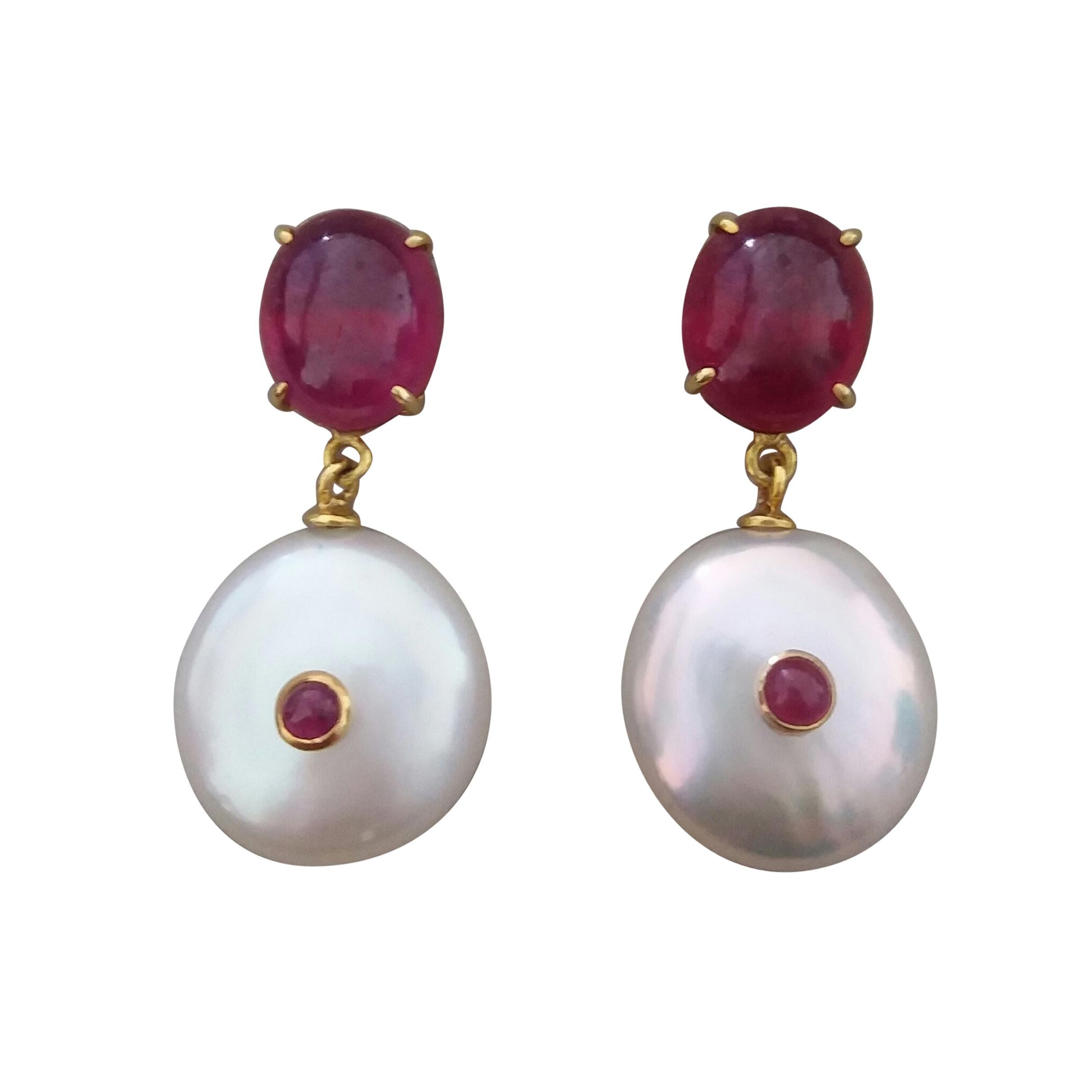 Ruby Oval Cabs 14 Kt Yellow Gold White Button Shape Baroque Pearls Earrings
