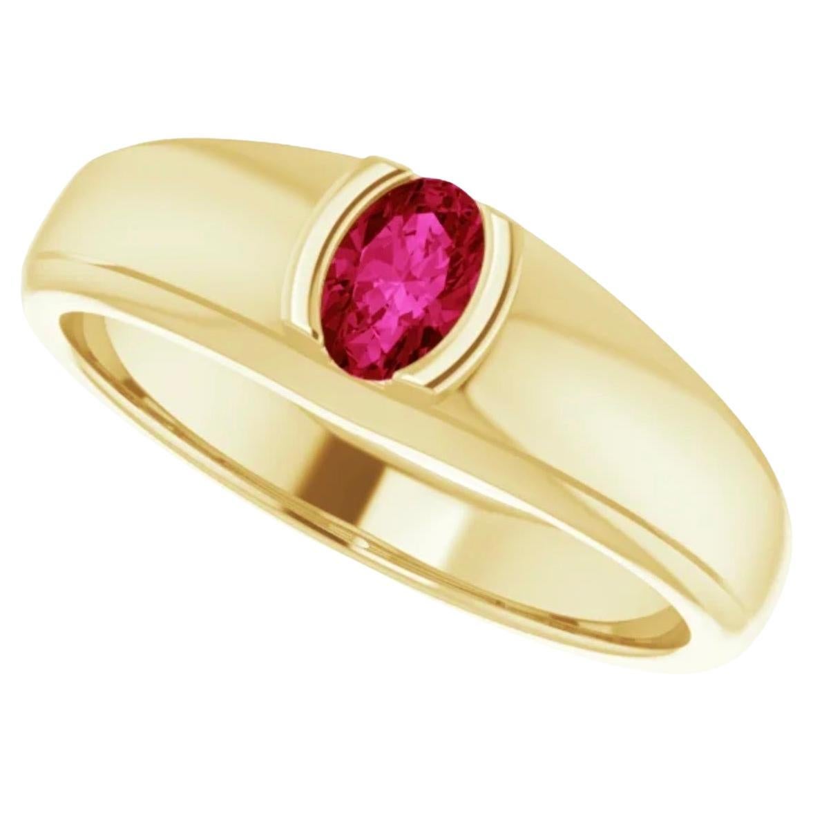 Unisex-Rubin-Solitär-Goldring mit einem auffälligen, ovalen Rubin von 0,70 Karat. Der Rubin zeichnet sich durch seine reiche Farbe und Brillanz aus,  Set in einem polierten und schönen 14k Gelbgold halb Lünette,  ein zeitloses Stück!
MATERIAL: 14K