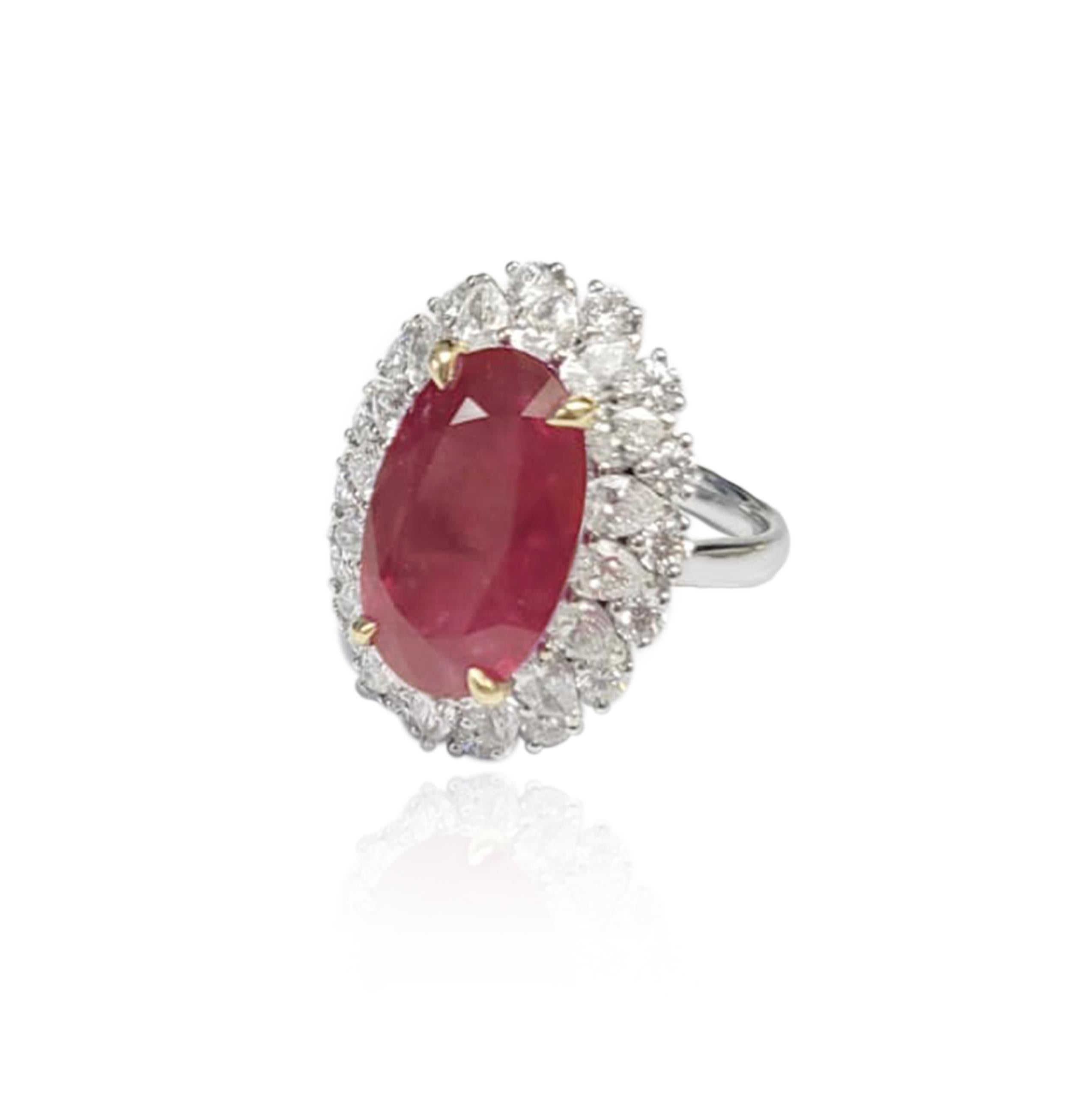 GIA certified Ruby Ring

Ruby Oval Cut (9.90ct)

Brilliant Diamonds (3.11ct)

Ring Metal - 18k White Gold

Measurements: 17.36 x 11.05 x 5.24 mm

Tag #17757