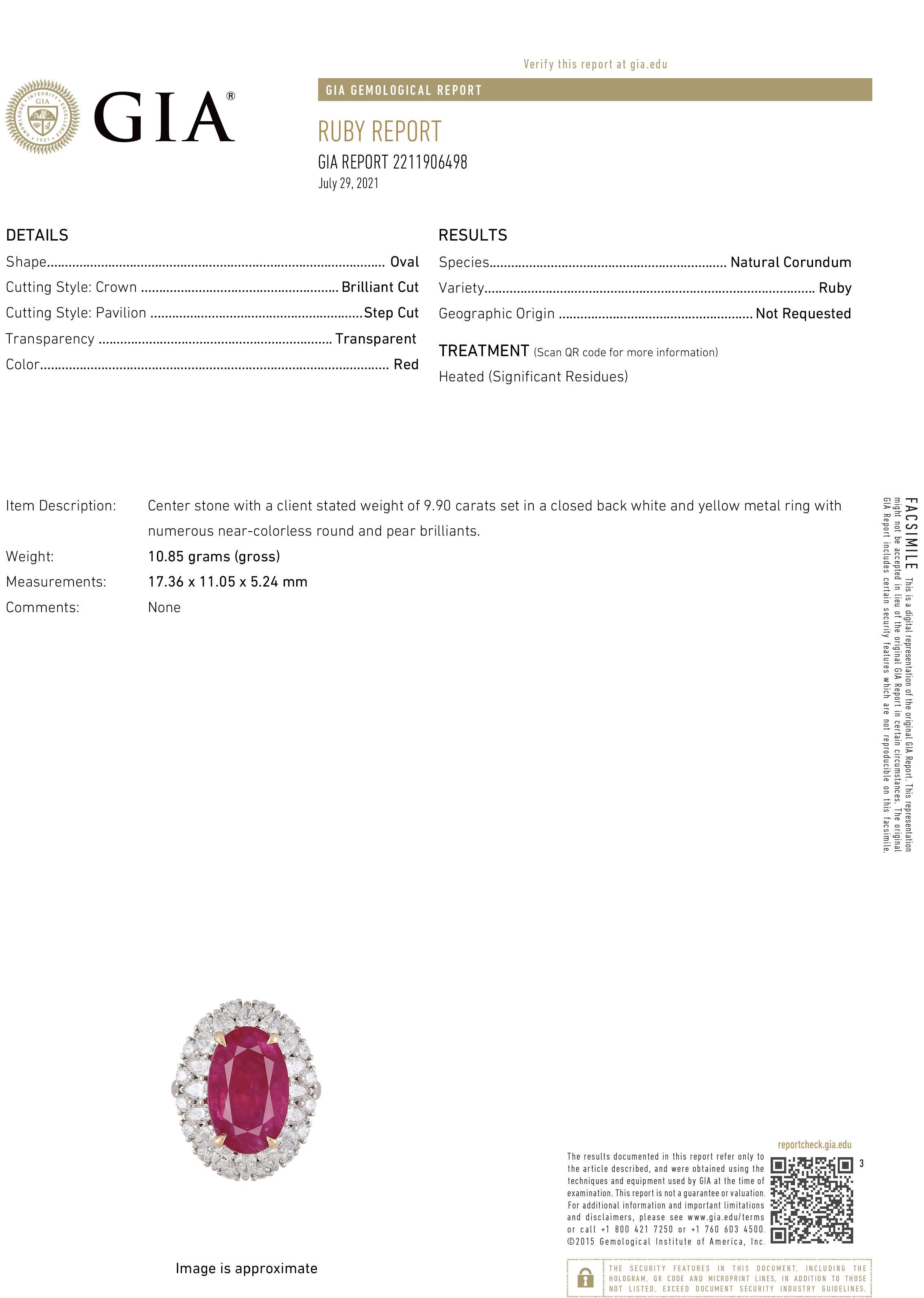 9.90 carats Ruby Oval & Diamond Brilliant Cut Cocktail Ring, GIA Certified For Sale 1