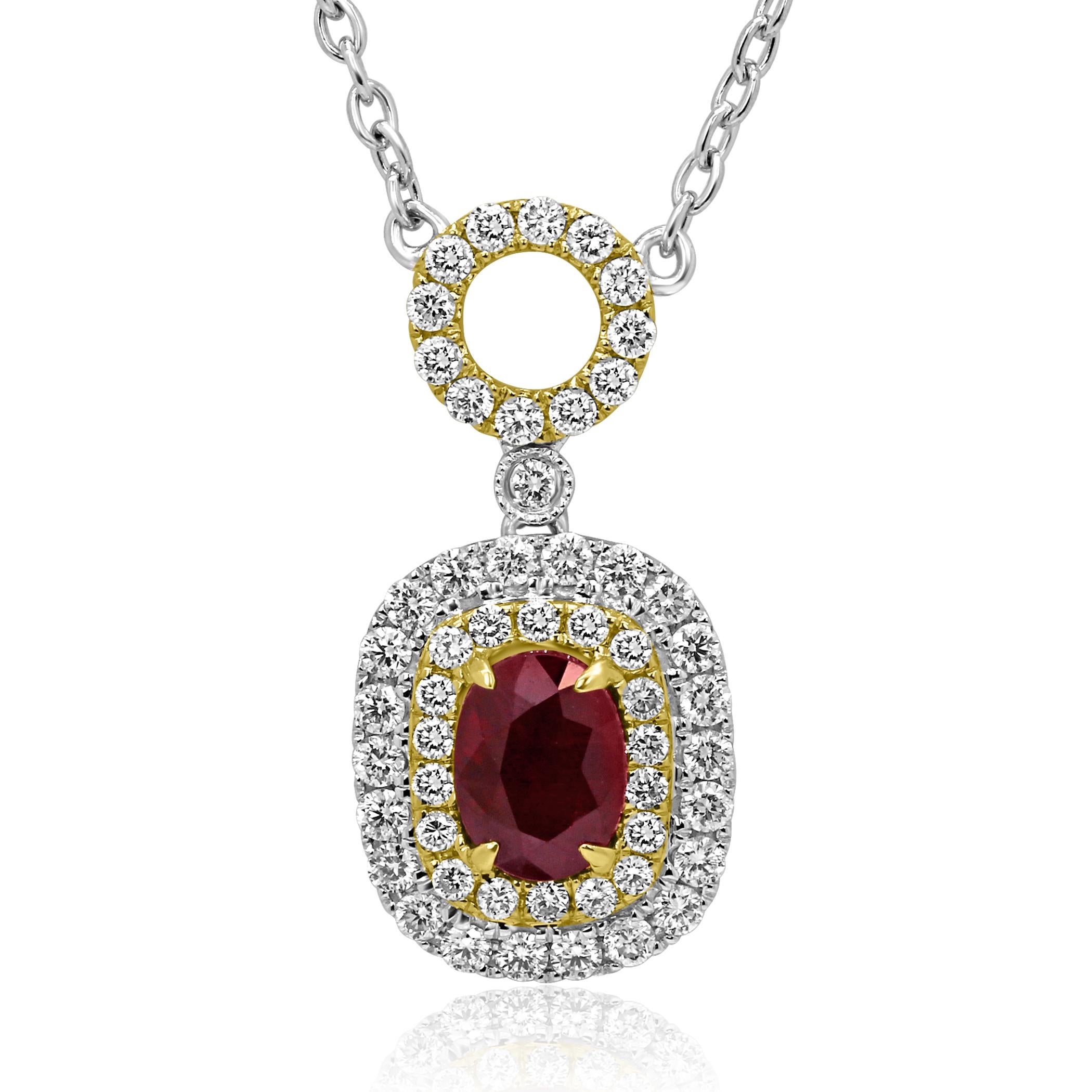 Stunning Ruby Oval 0.95 Carat Encircled in Double Halo of White G-H Color VS-SI Diamond Round 0.70 Carat in 14K White and Yellow Gold Drop Pendant Necklace in Diamond by Yard Chain. Total Weight 1.65 Carat

Style available in different price ranges.