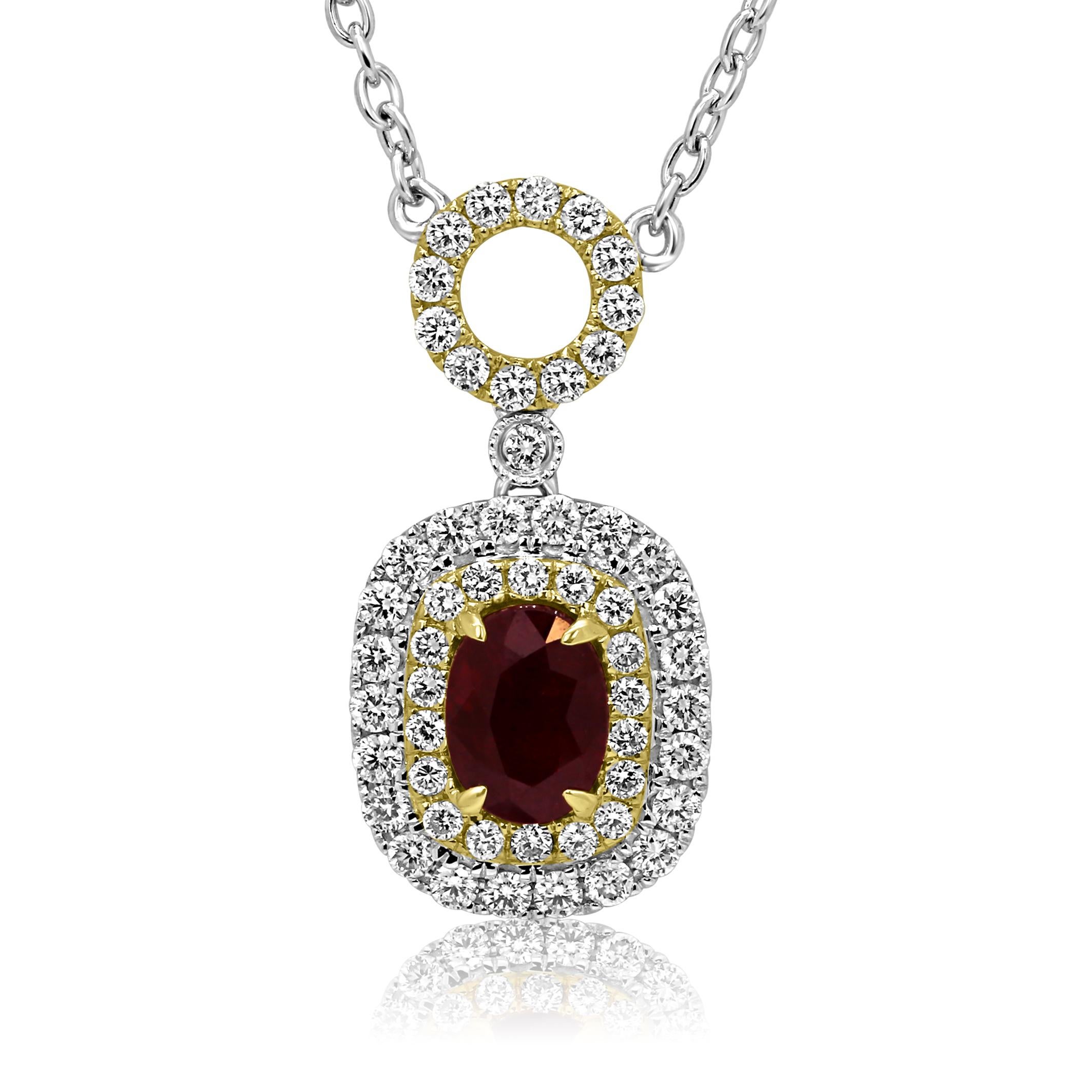 Modern Ruby Oval Diamond Double Halo Two-Color Gold Pendant Diamond by Yard Necklace