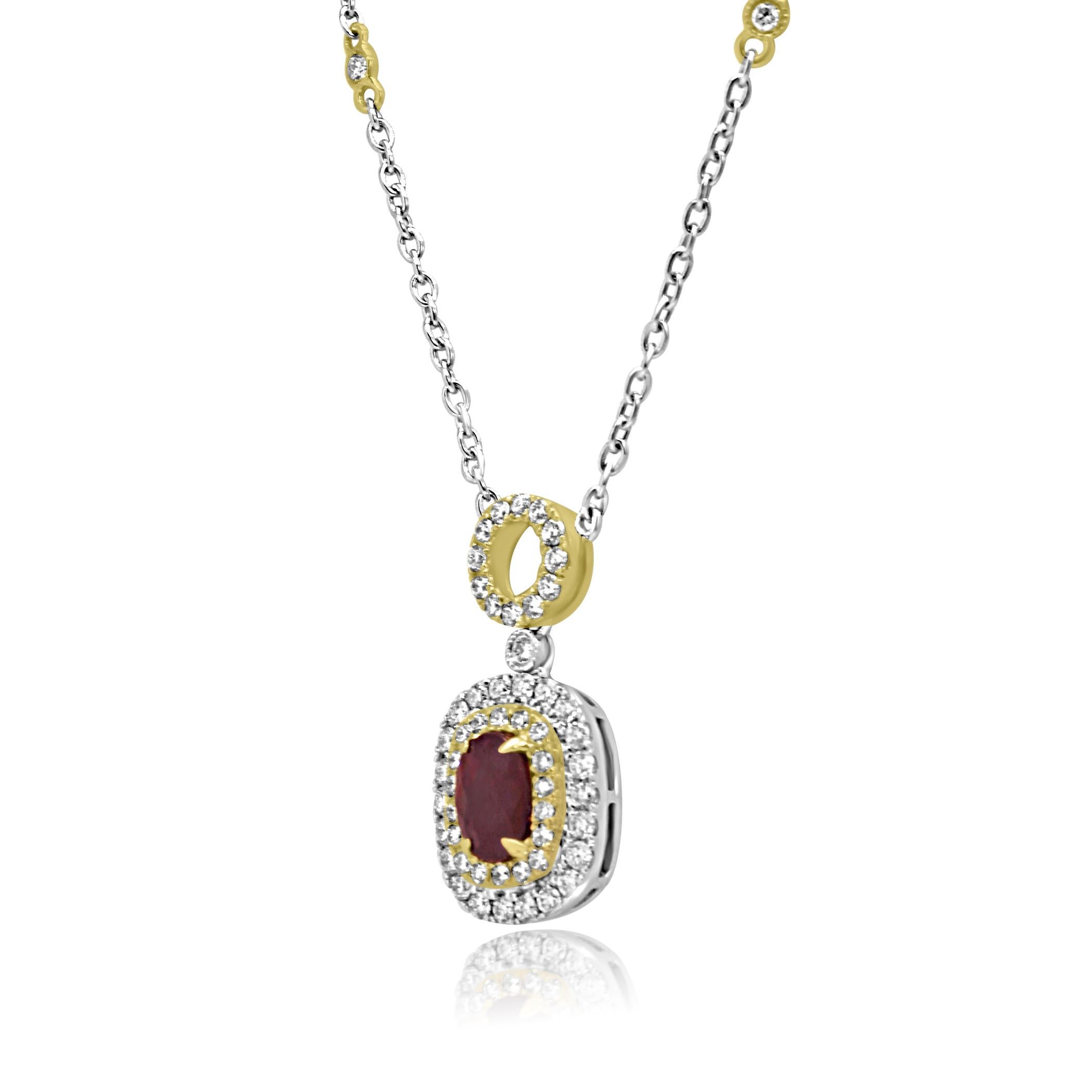 Oval Cut Ruby Oval Diamond Double Halo Two-Color Gold Pendant Diamond by Yard Necklace