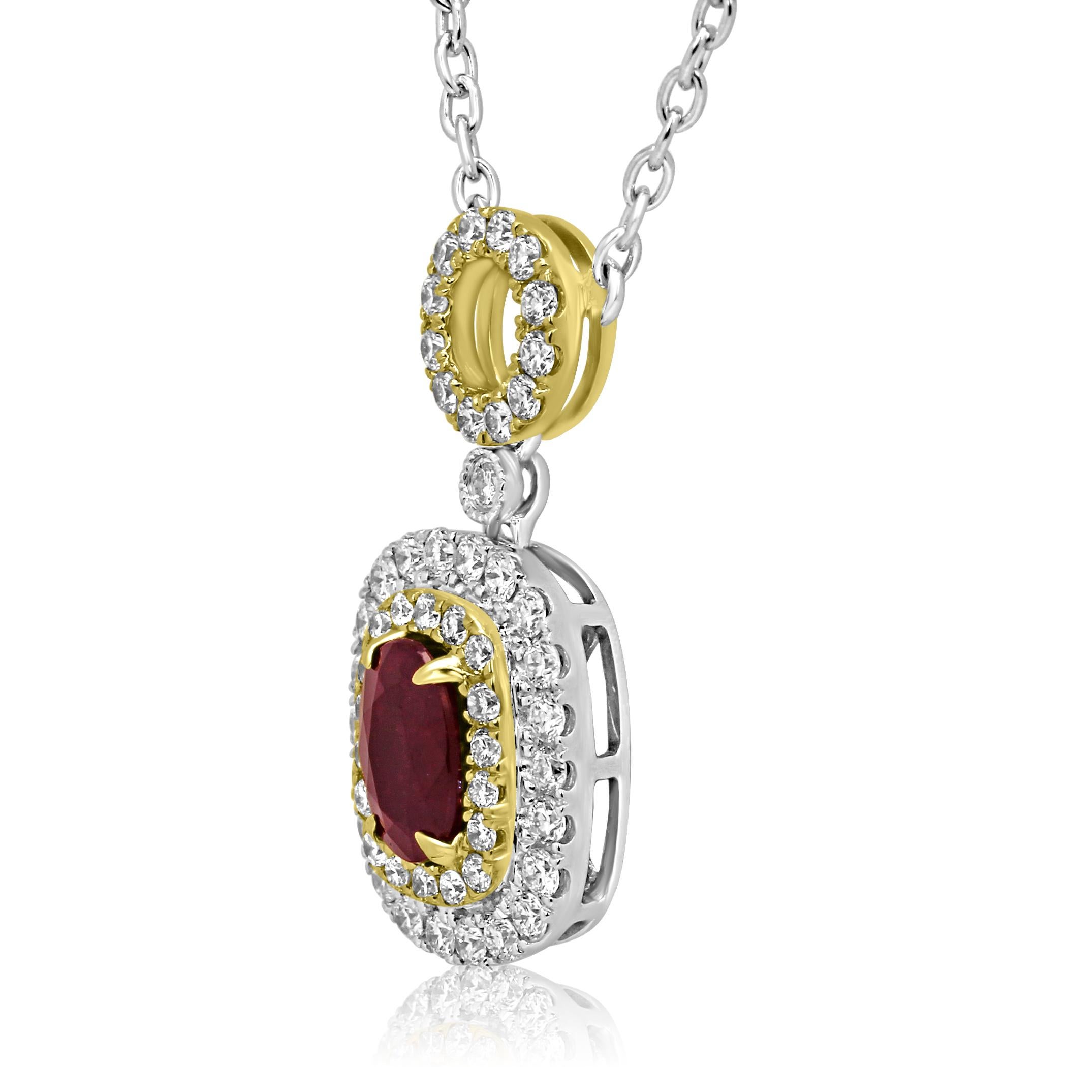 Ruby Oval Diamond Double Halo Two-Color Gold Pendant Diamond by Yard Necklace In New Condition In NEW YORK, NY