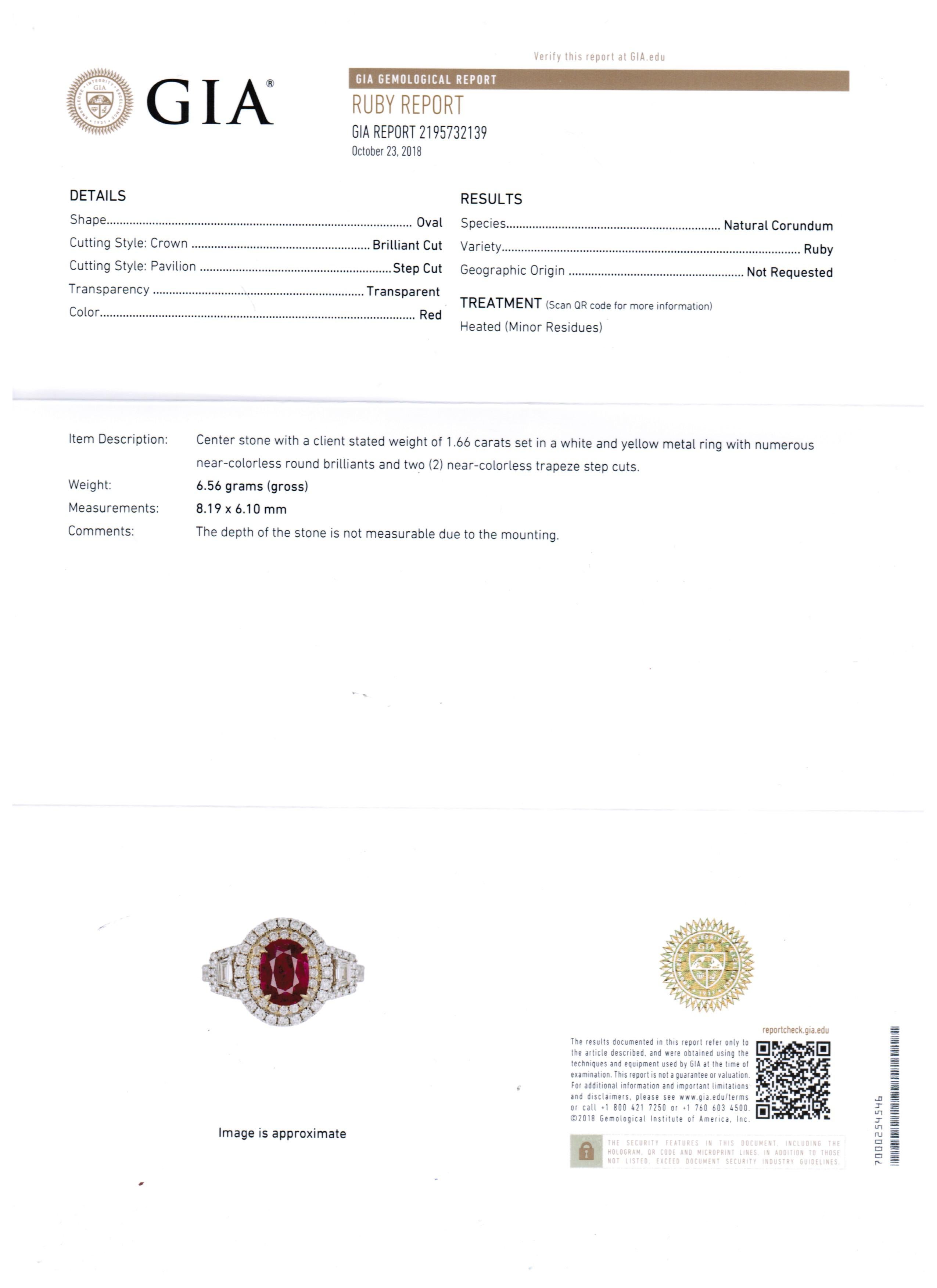 GIA Certified Ruby Oval Diamond Halo Two-Color Gold Three Stone Bridal Ring 3