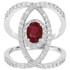 Ruby Oval Diamond Halo Gold Bridal Right Hand Fashion Cocktail Crossover Ring