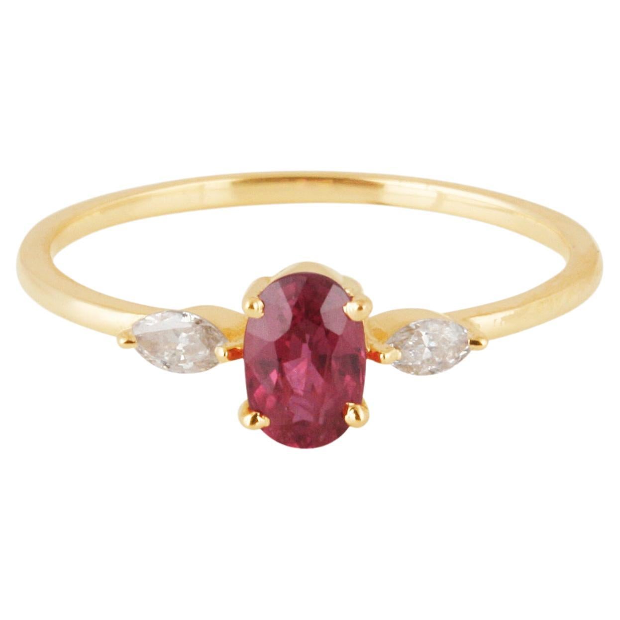 Ruby Oval & Diamond Marquise Ring In 18K Yellow Gold
